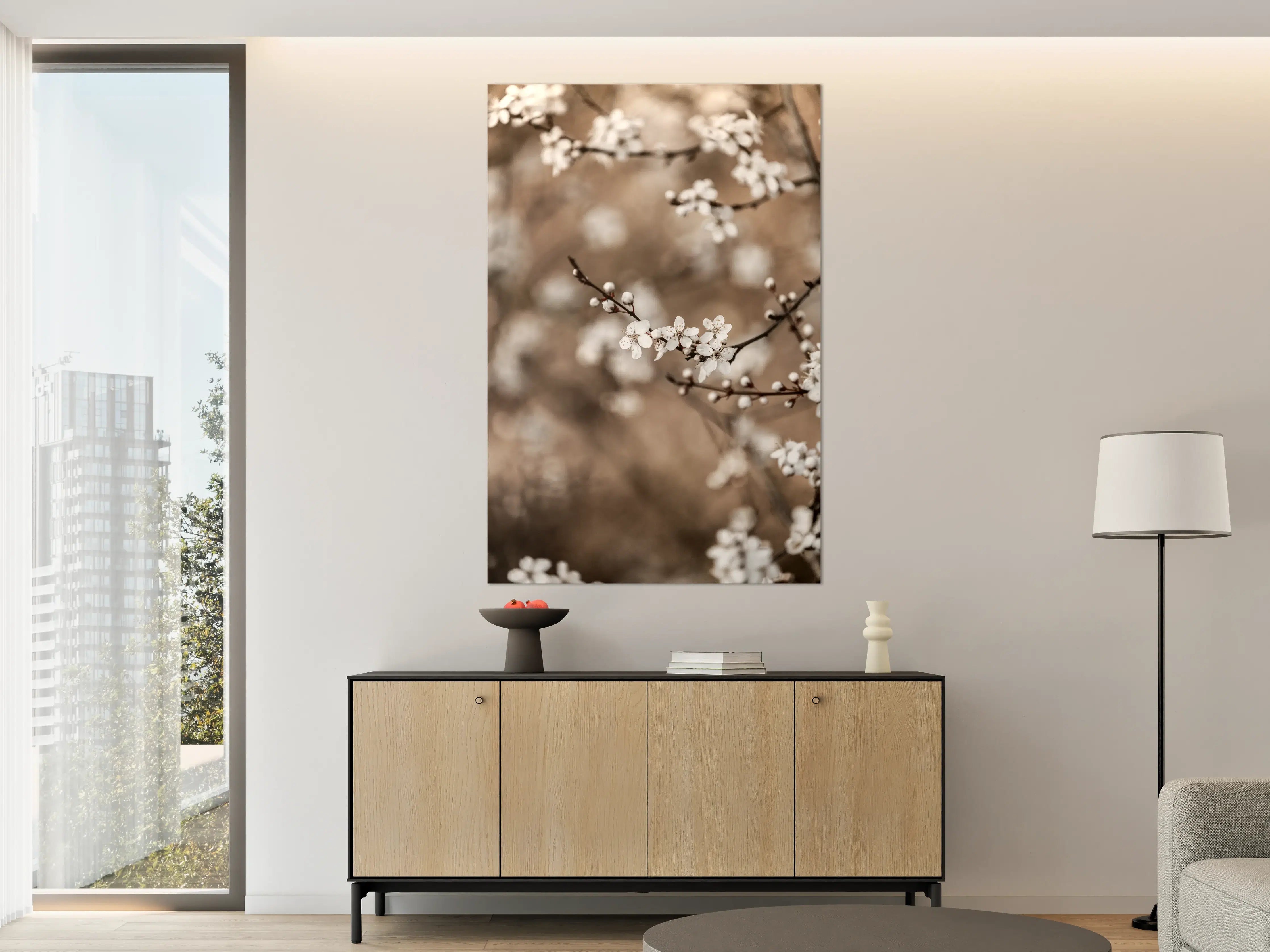 Große Wandbilder - Weiße Blüten auf braunem Zweig