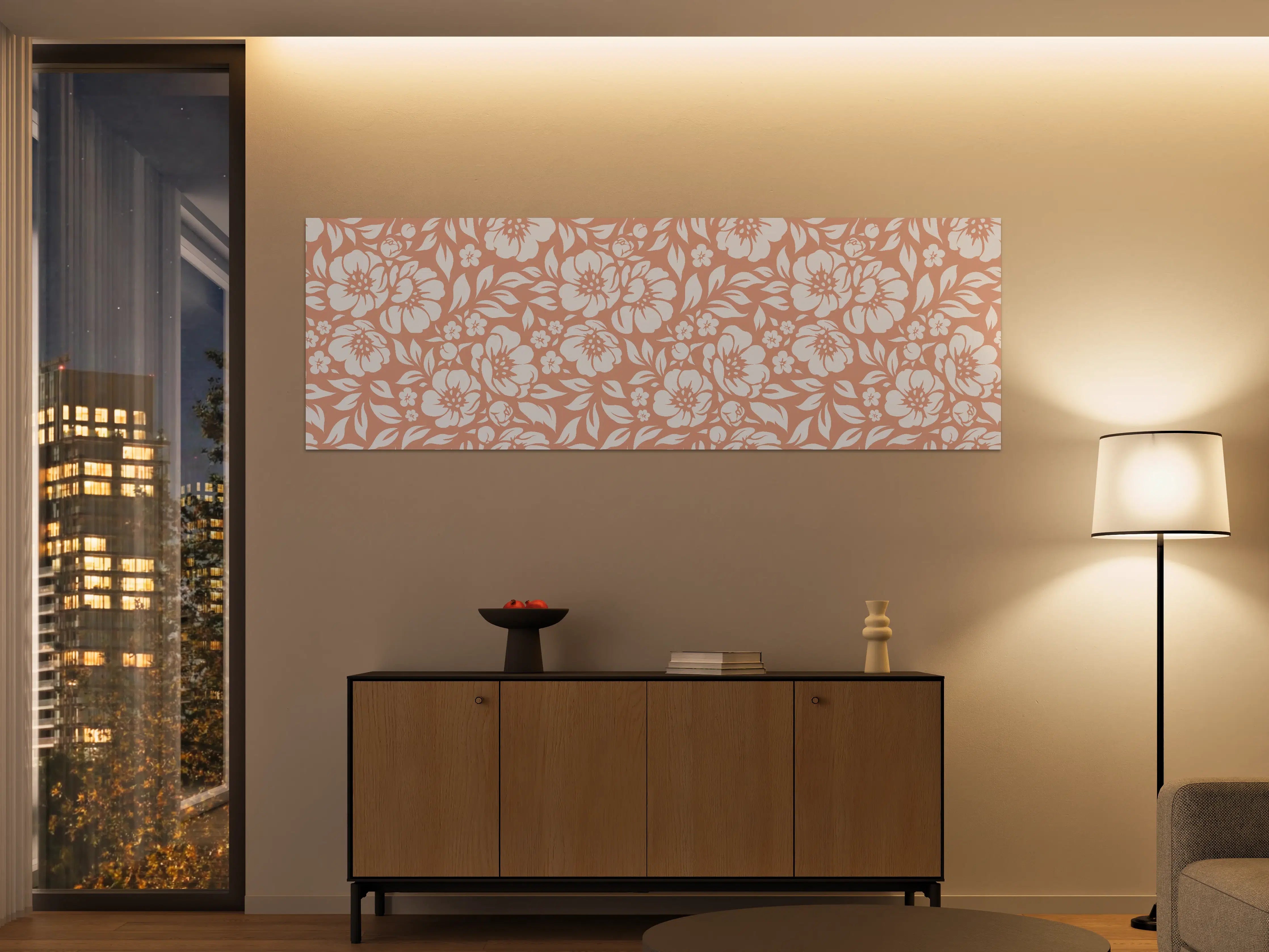 Große Wandbilder - Weiße Blumenmuster mit Beige-Tönen