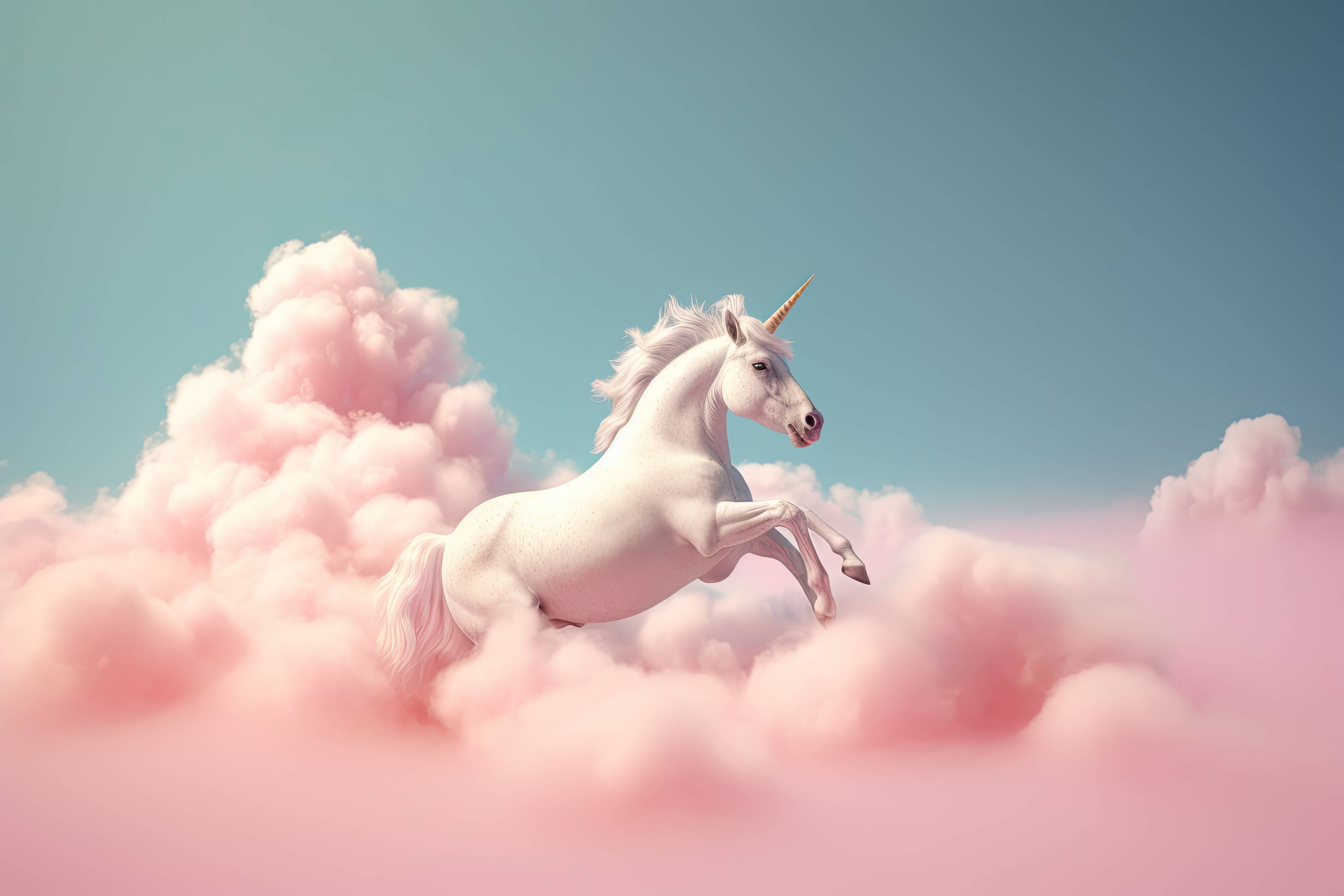 Große Wandbilder-Weiße Einhorn-Illustration vor pastellfarbigem Himmel