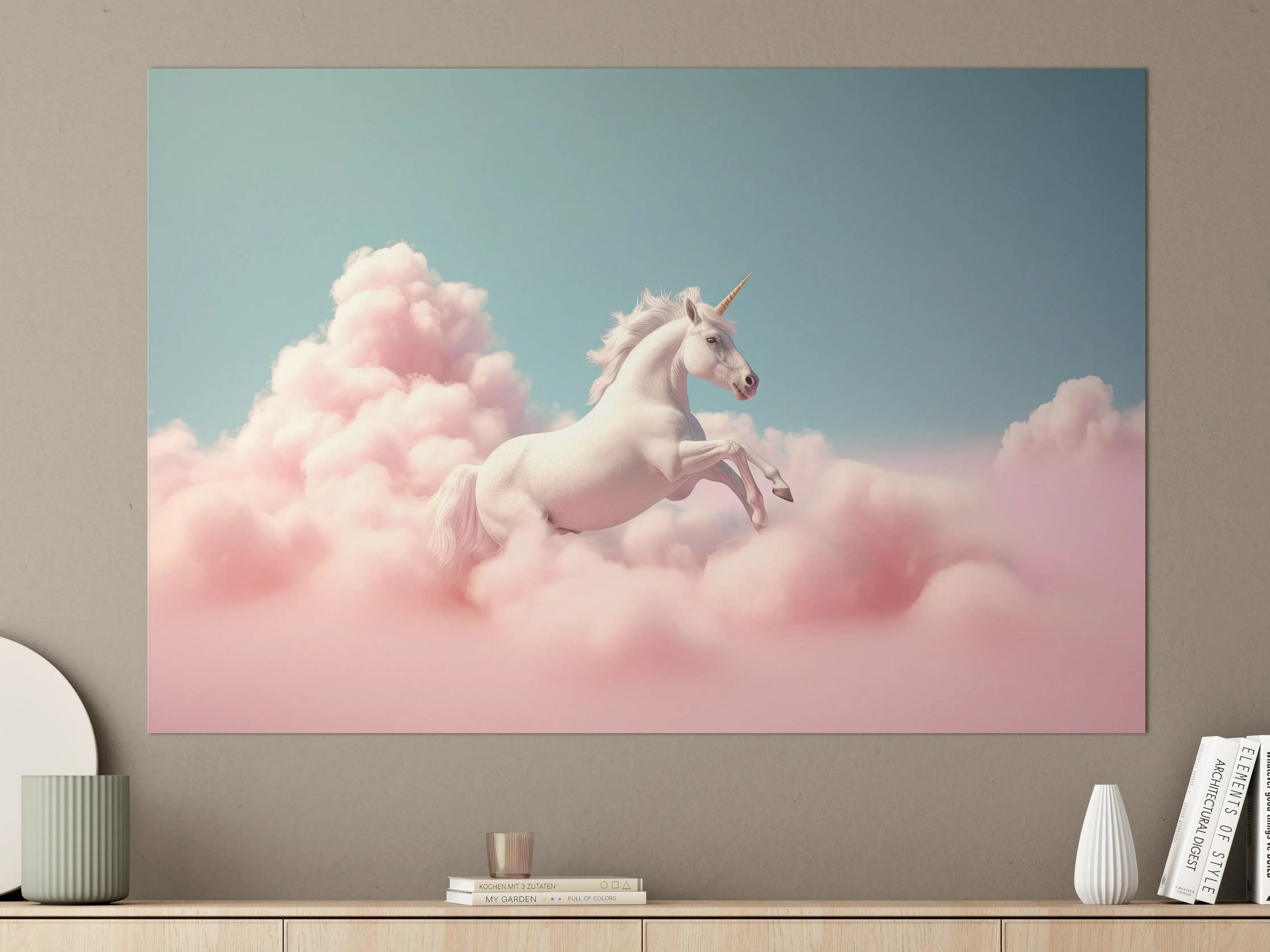 Große Wandbilder - Weiße Einhorn-Illustration vor pastellfarbigem Himmel