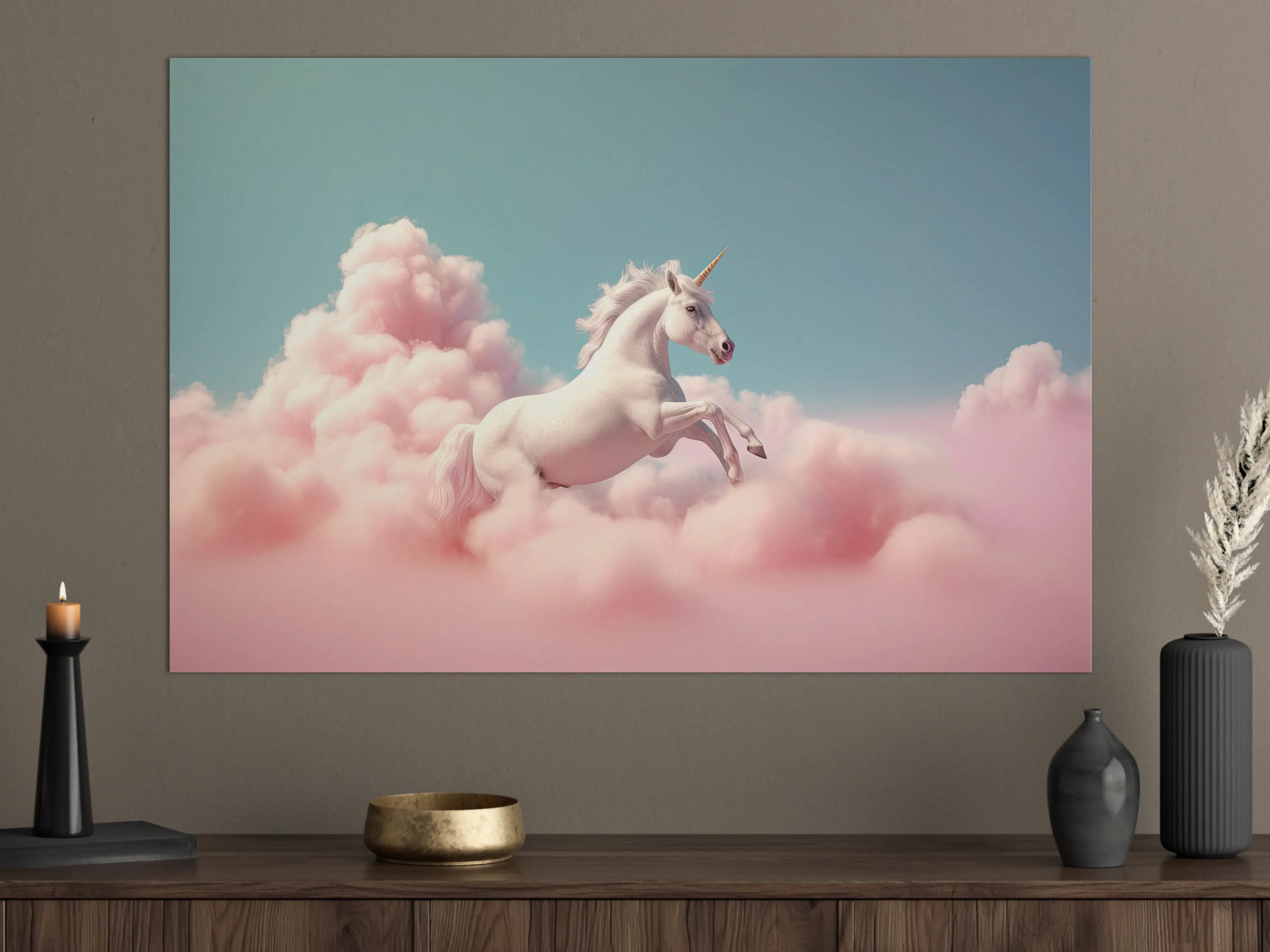 Große Wandbilder - Weiße Einhorn-Illustration vor pastellfarbigem Himmel