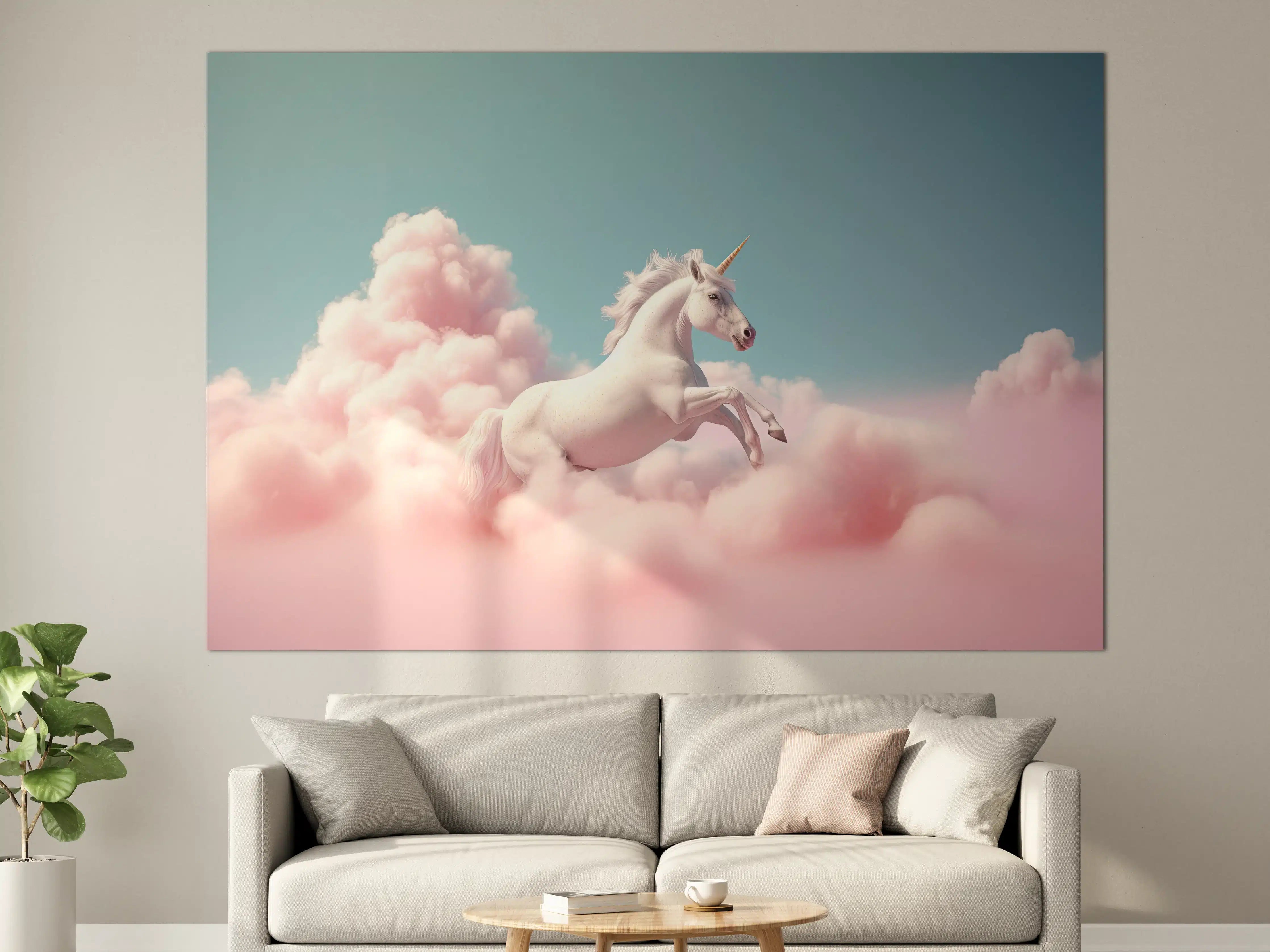 Große Wandbilder - Weiße Einhorn-Illustration vor pastellfarbigem Himmel