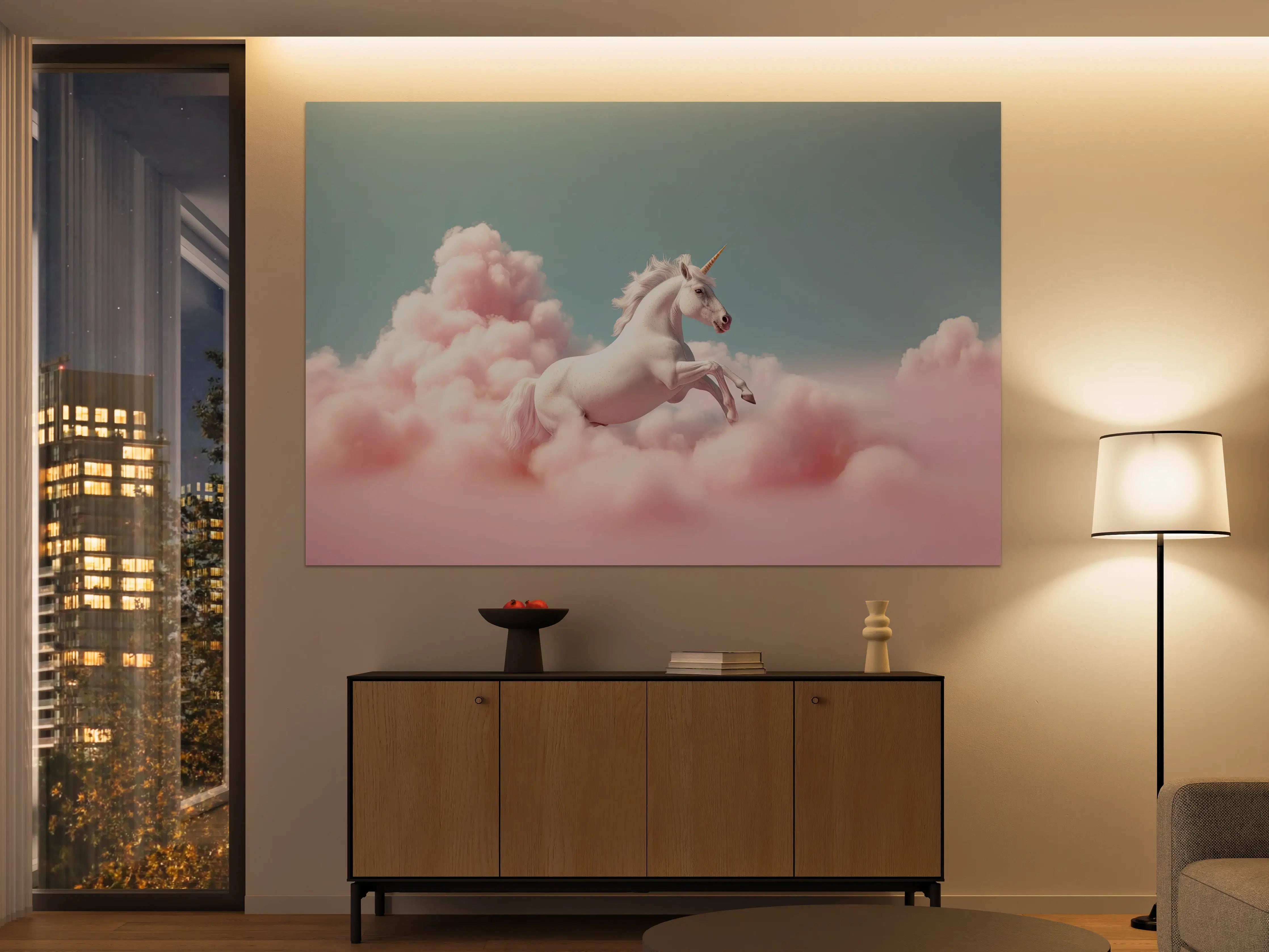 Große Wandbilder - Weiße Einhorn-Illustration vor pastellfarbigem Himmel