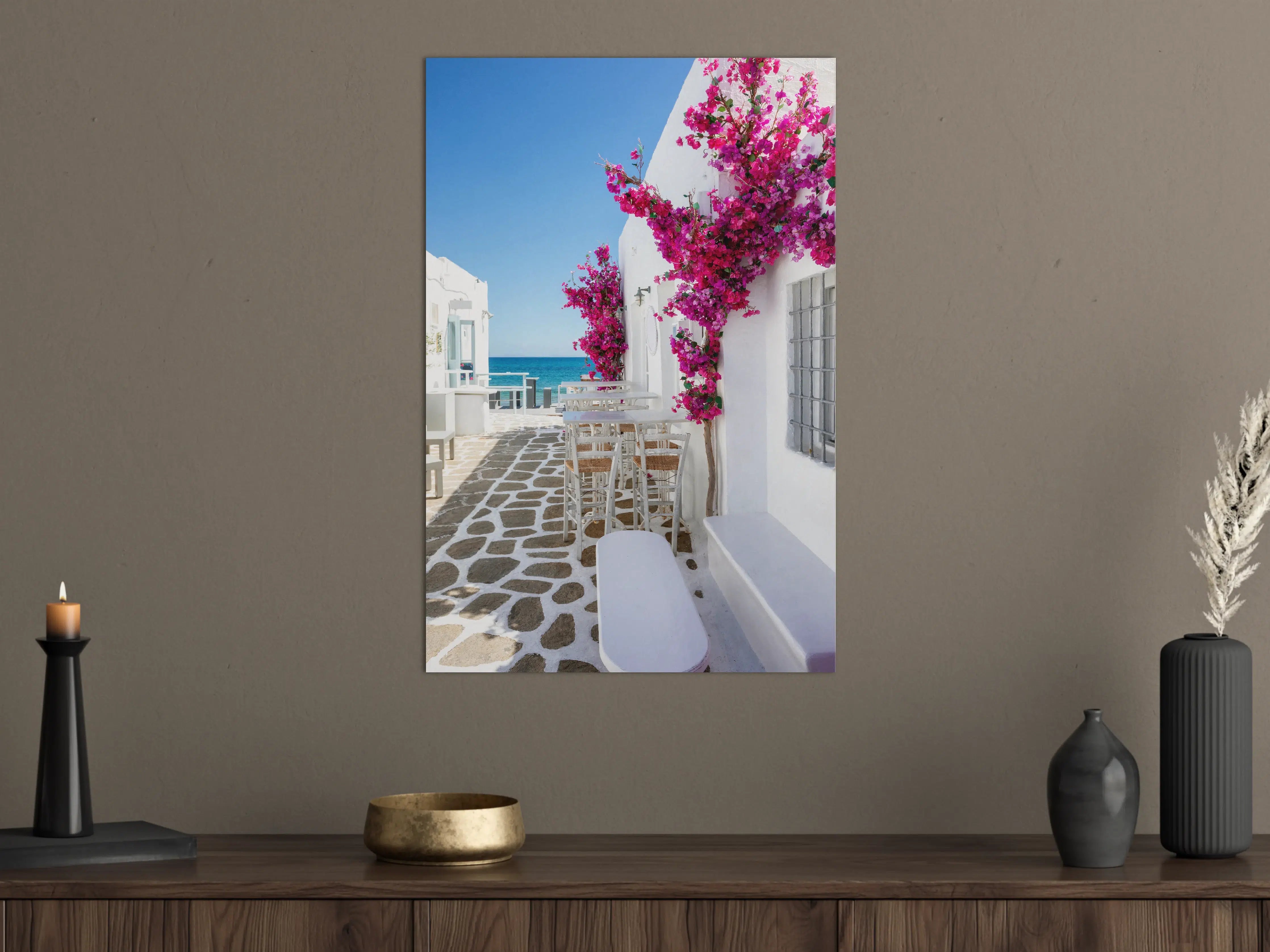 Große Wandbilder - Weiße Gasse mit Oleander Blumen in Mykonos