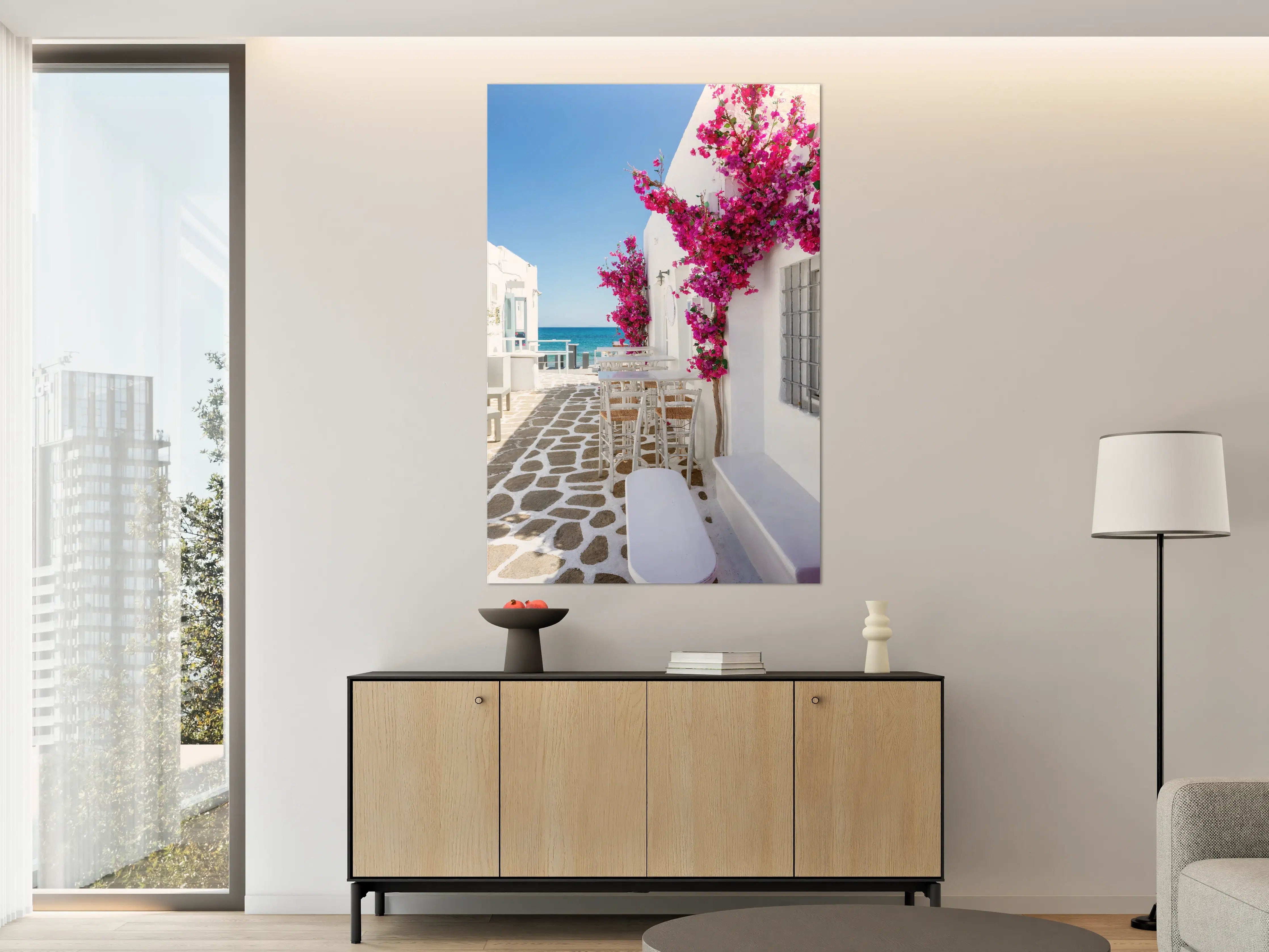 Große Wandbilder - Weiße Gasse mit Oleander Blumen in Mykonos