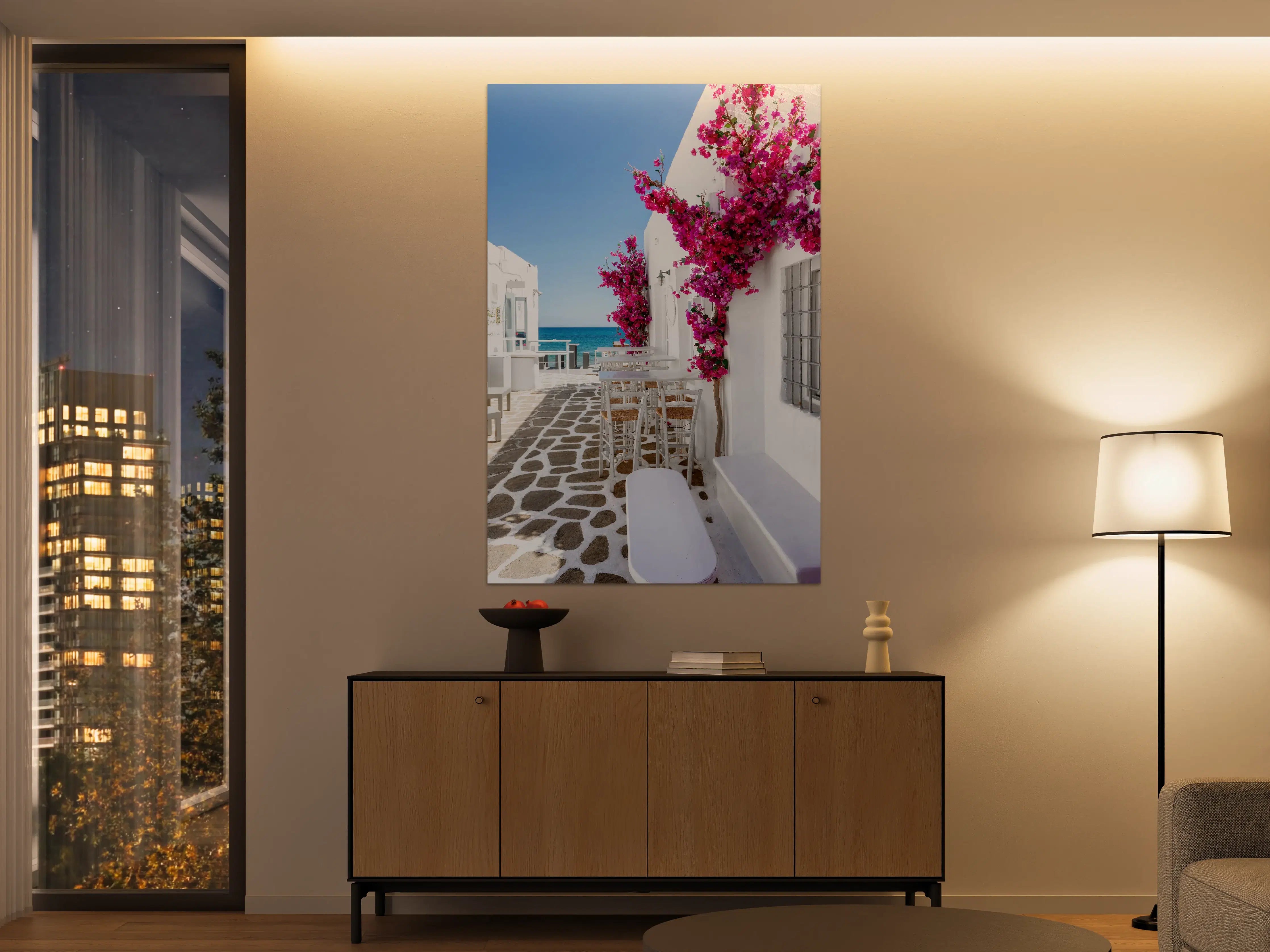 Große Wandbilder - Weiße Gasse mit Oleander Blumen in Mykonos