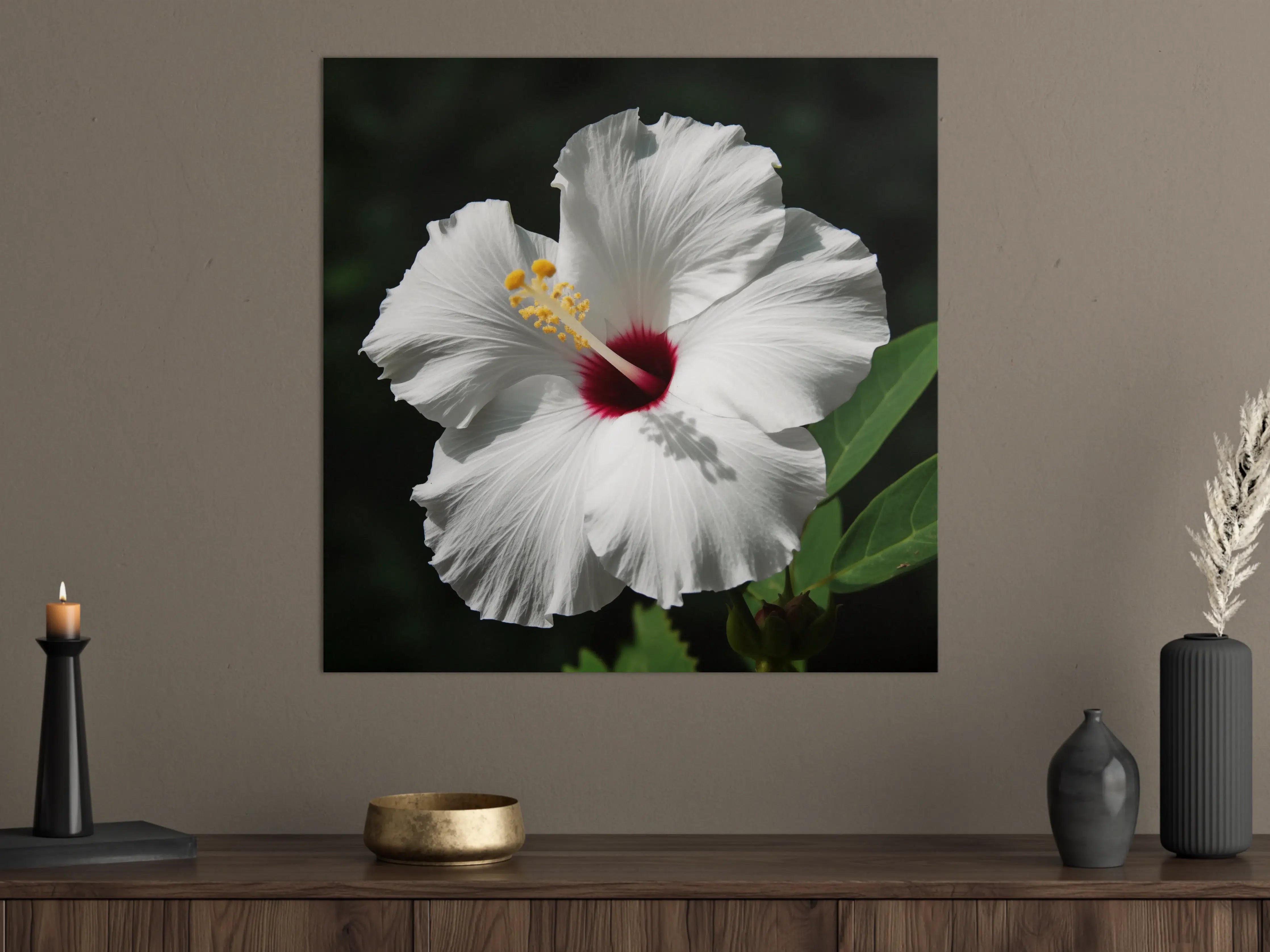 Große Wandbilder - Weiße Hibiskusblume mit rotem Zentrum
