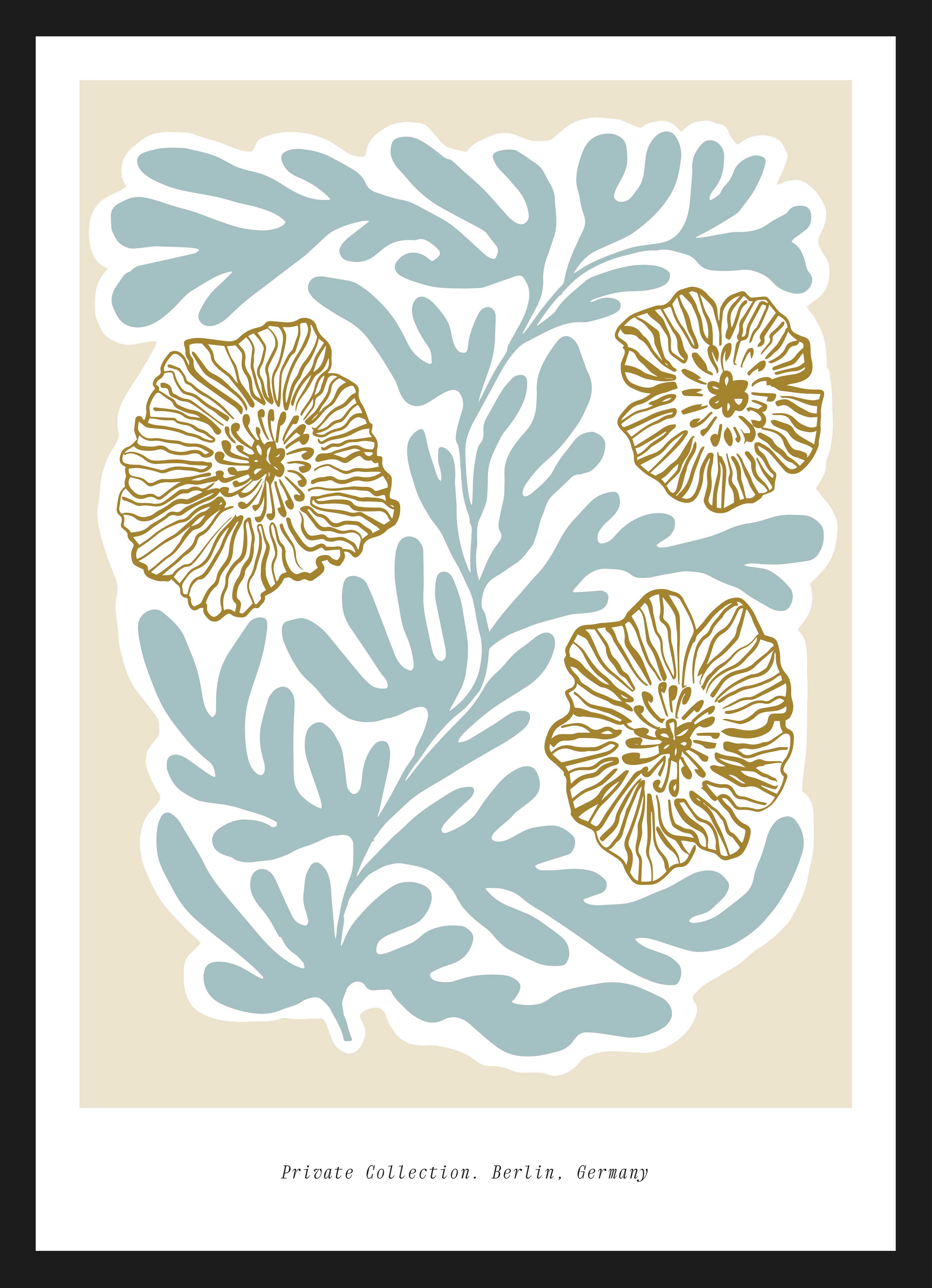 Große Wandbilder-Weiße Meeresgras-Illustration mit goldenen Blüten