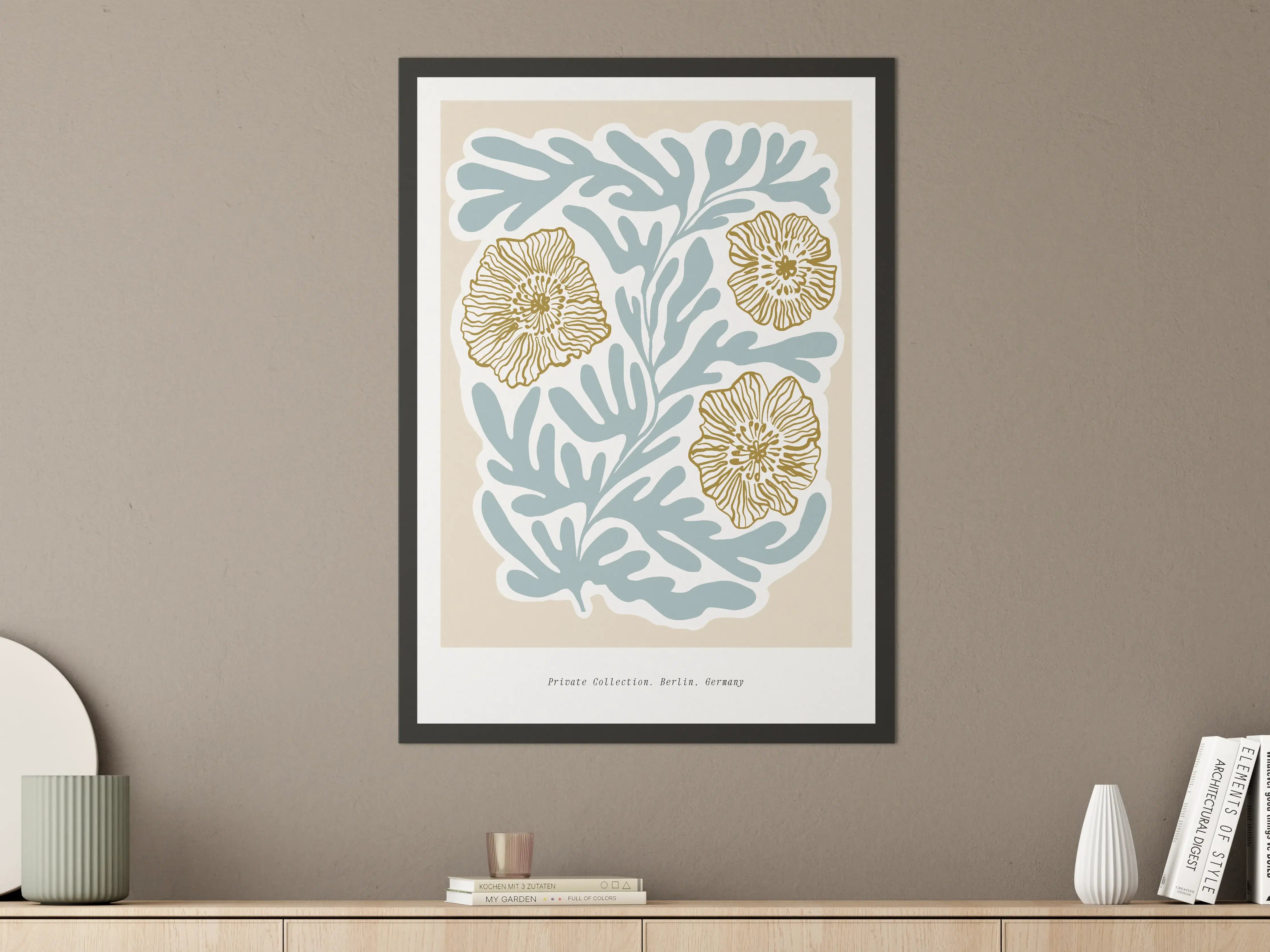 Große Wandbilder - Weiße Meeresgras-Illustration mit goldenen Blüten