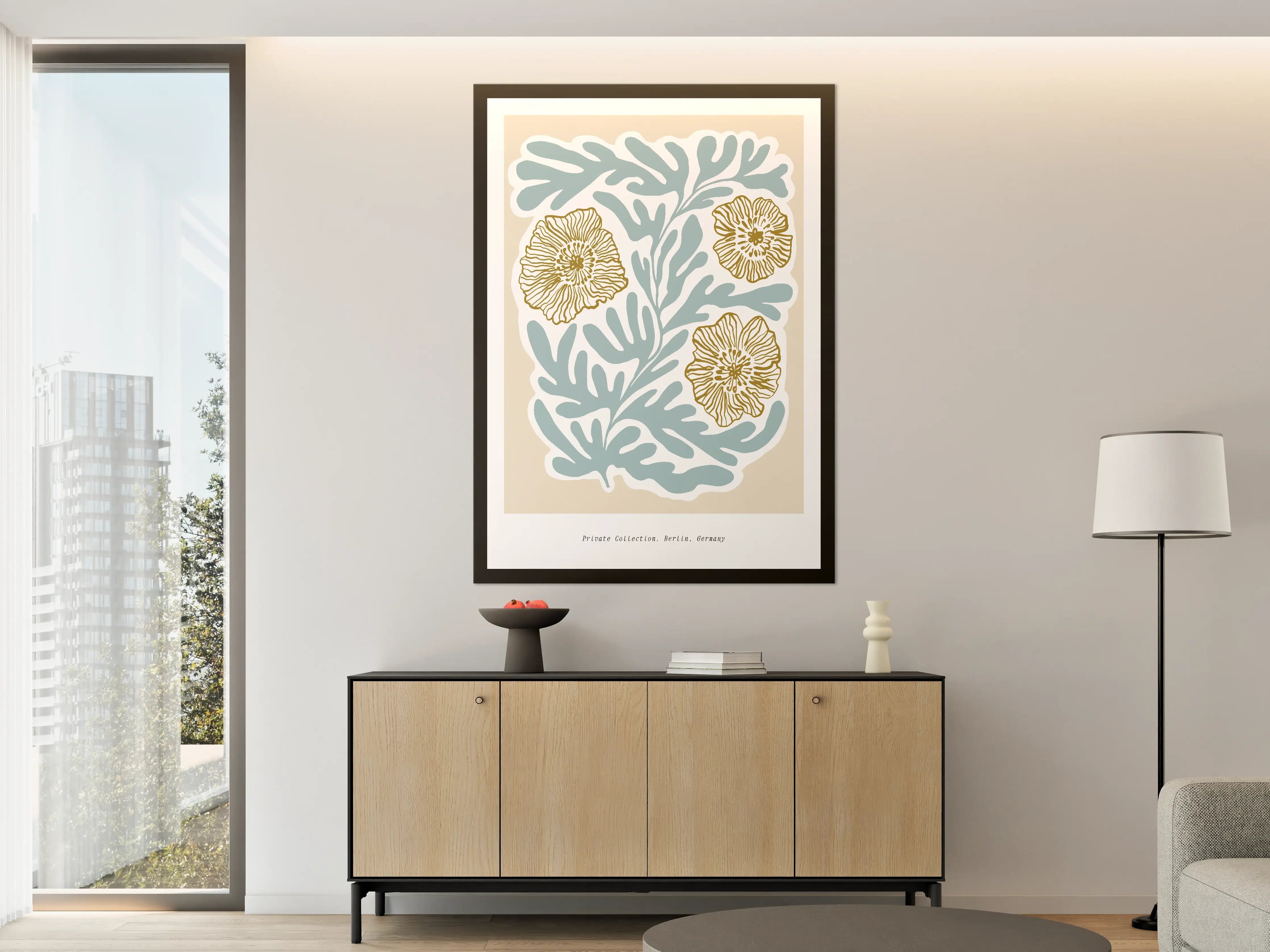 Große Wandbilder - Weiße Meeresgras-Illustration mit goldenen Blüten