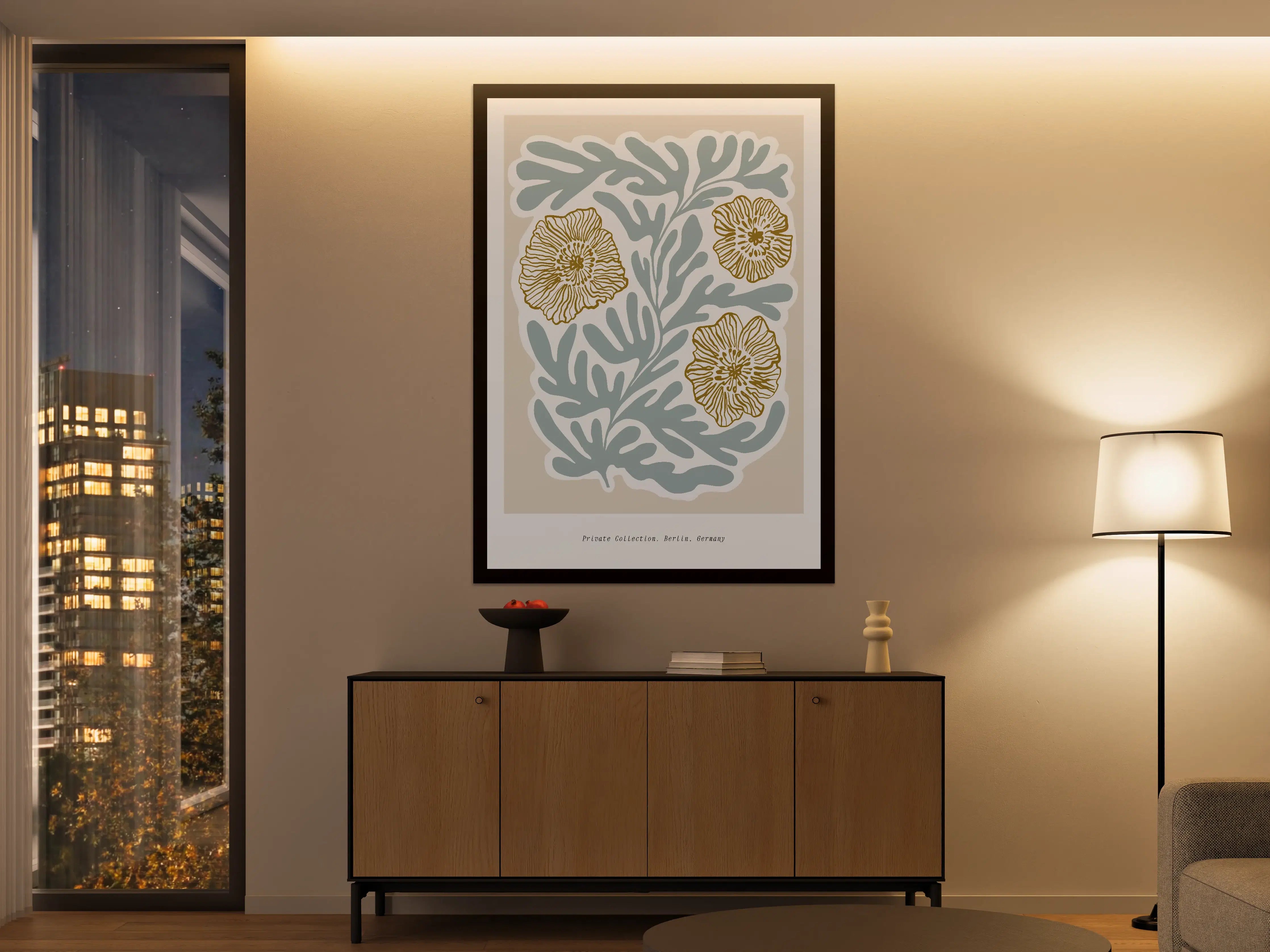 Große Wandbilder - Weiße Meeresgras-Illustration mit goldenen Blüten