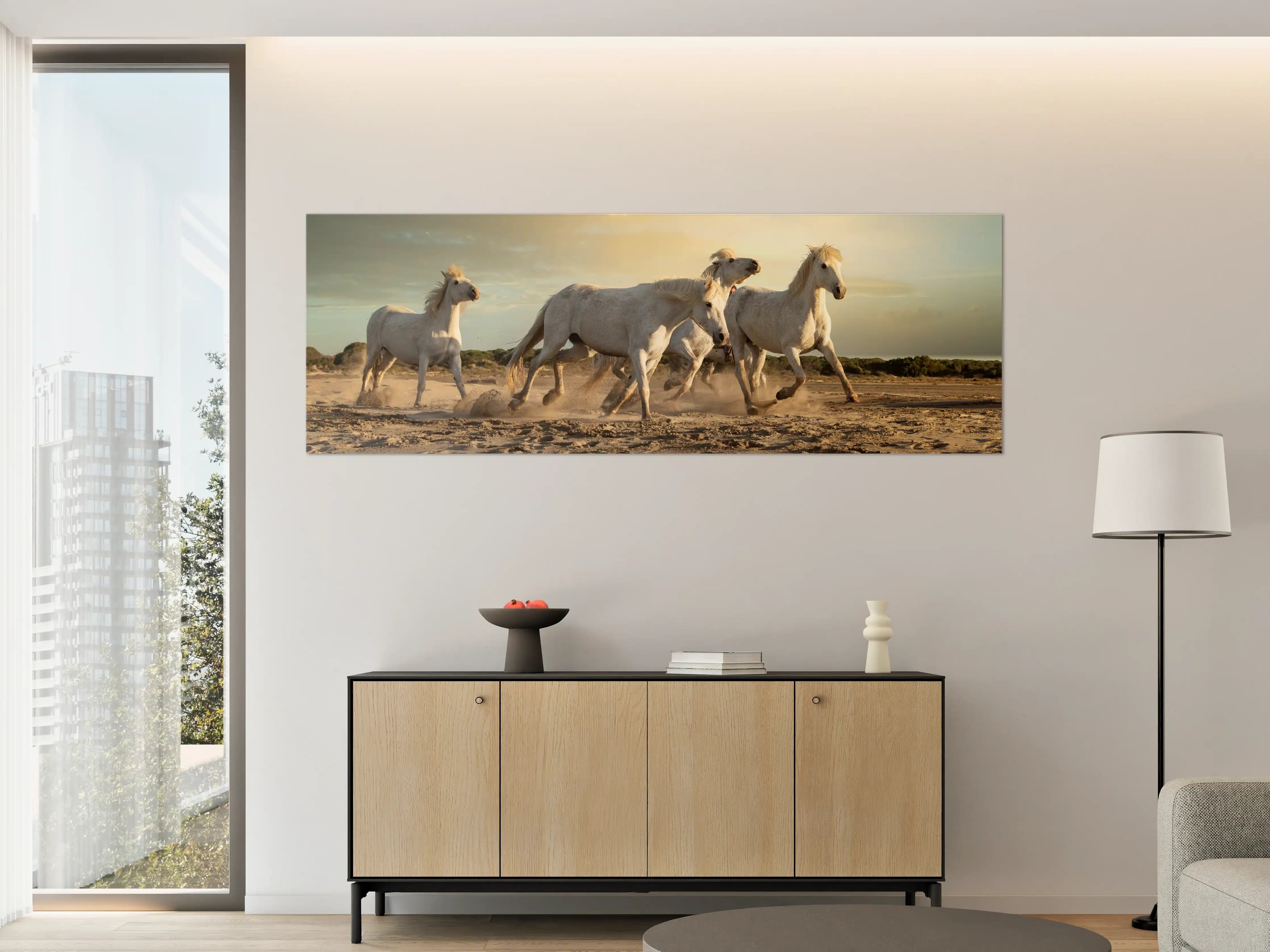Große Wandbilder - Weiße Pferde im Galopp bei Sonnenuntergang