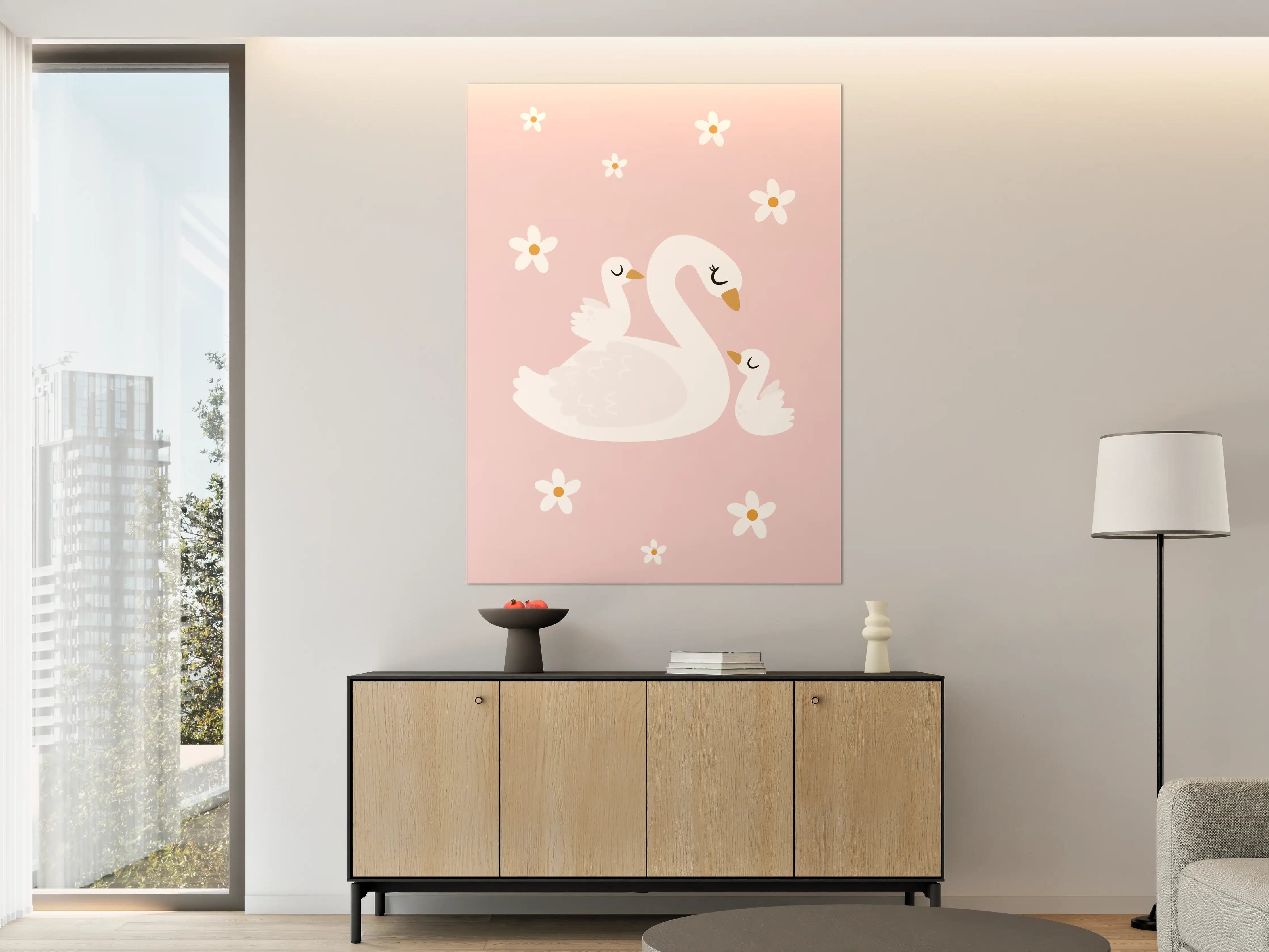 Große Wandbilder - Weiße Schwäne auf rosa Hintergrund