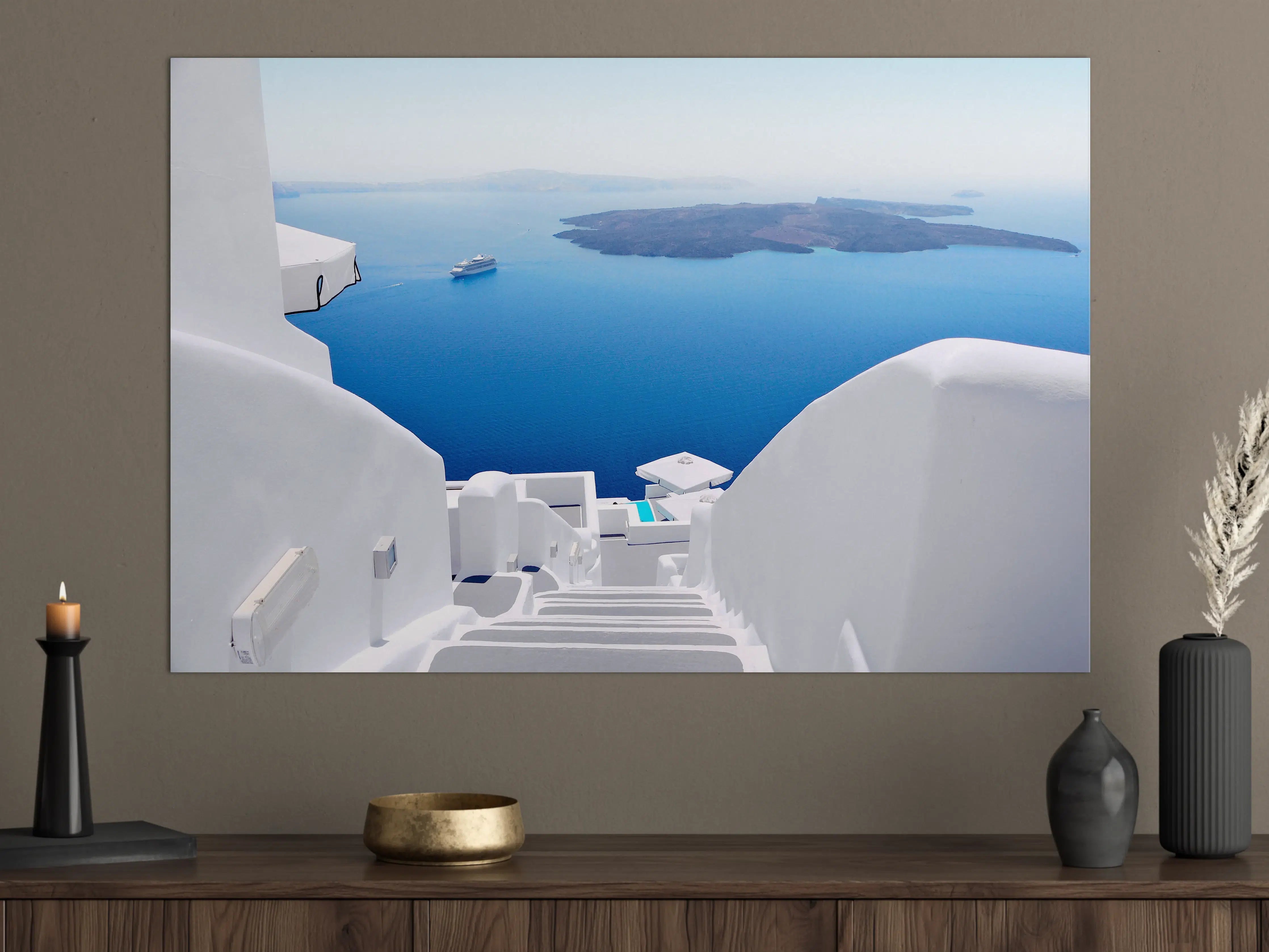 Große Wandbilder - Weiße Treppen mit Blick auf das Meer in Santorini