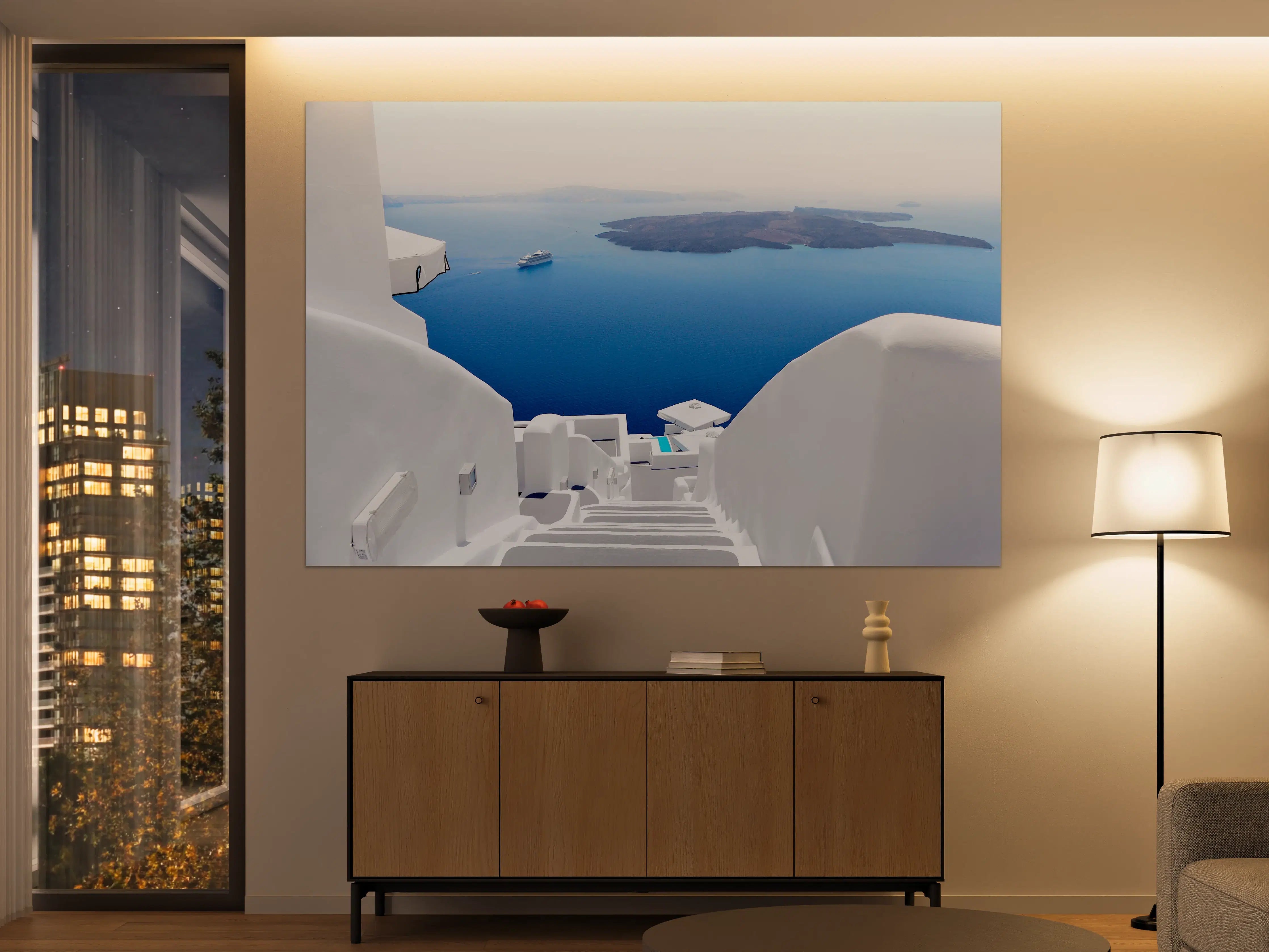 Große Wandbilder - Weiße Treppen mit Blick auf das Meer in Santorini