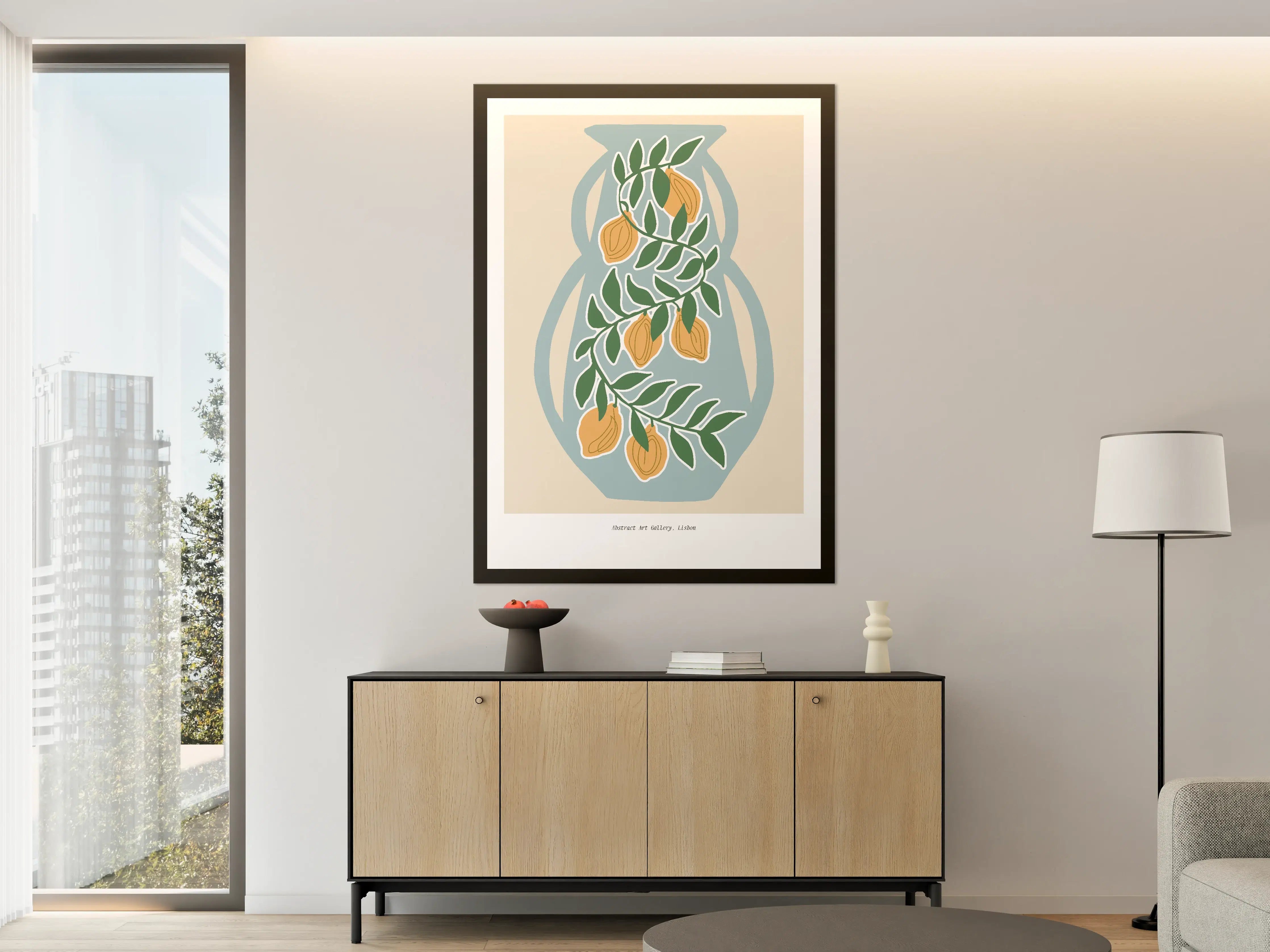 Große Wandbilder - Weiße Vase mit Lorbeerzweigen und Orangen