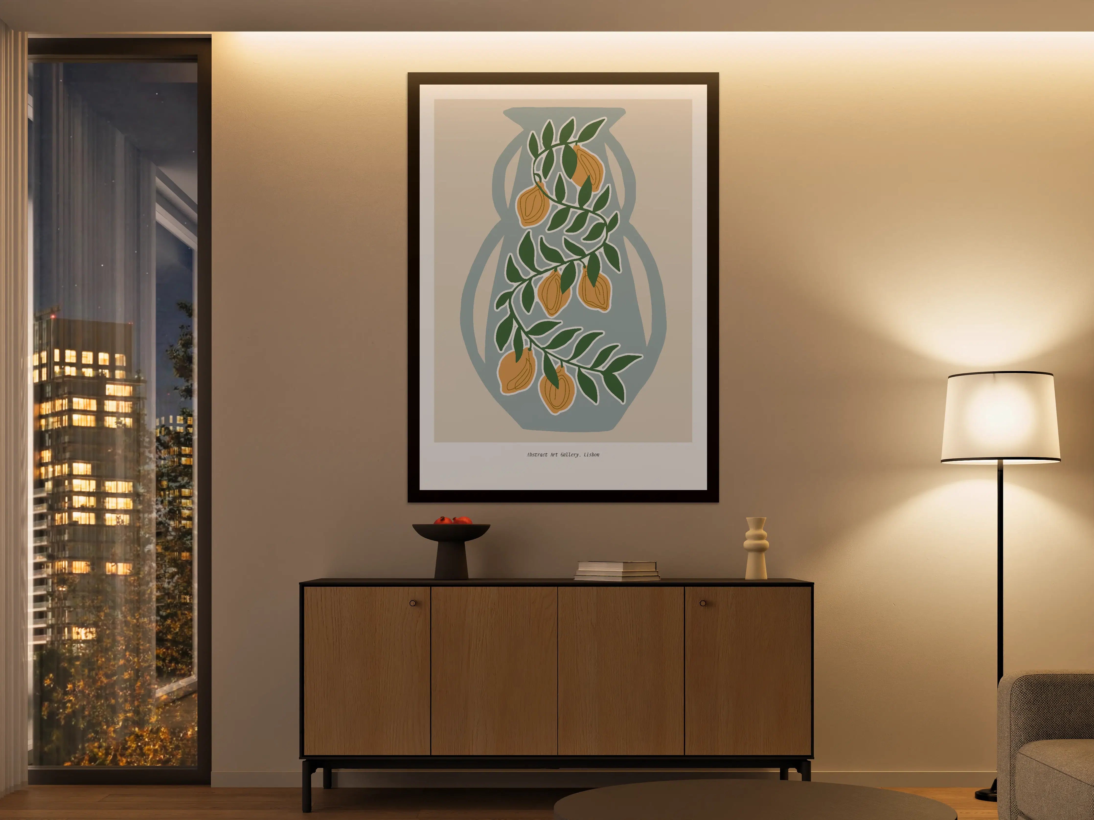 Große Wandbilder - Weiße Vase mit Lorbeerzweigen und Orangen
