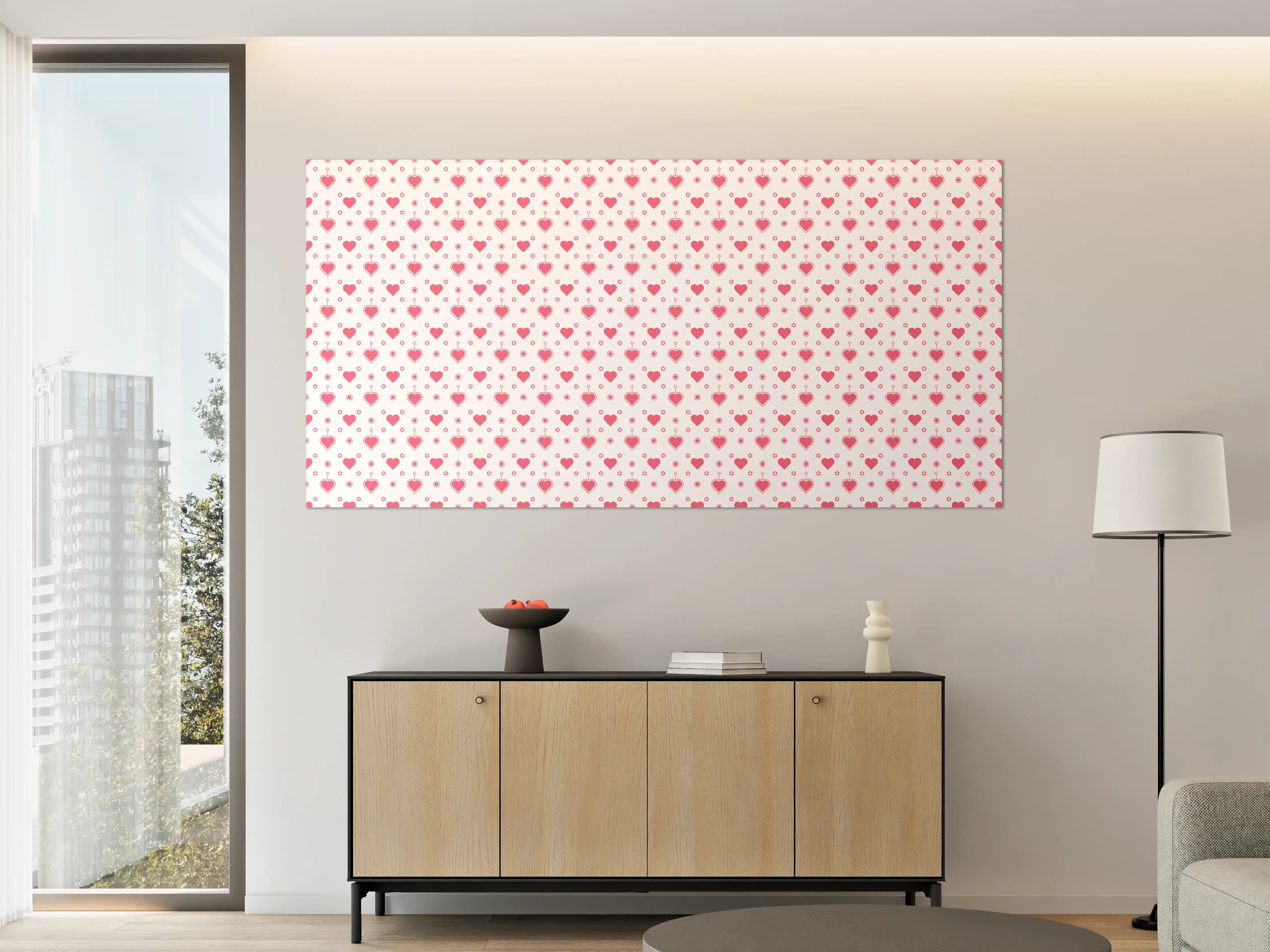Große Wandbilder - Weiße Wand mit roten Herzen Muster