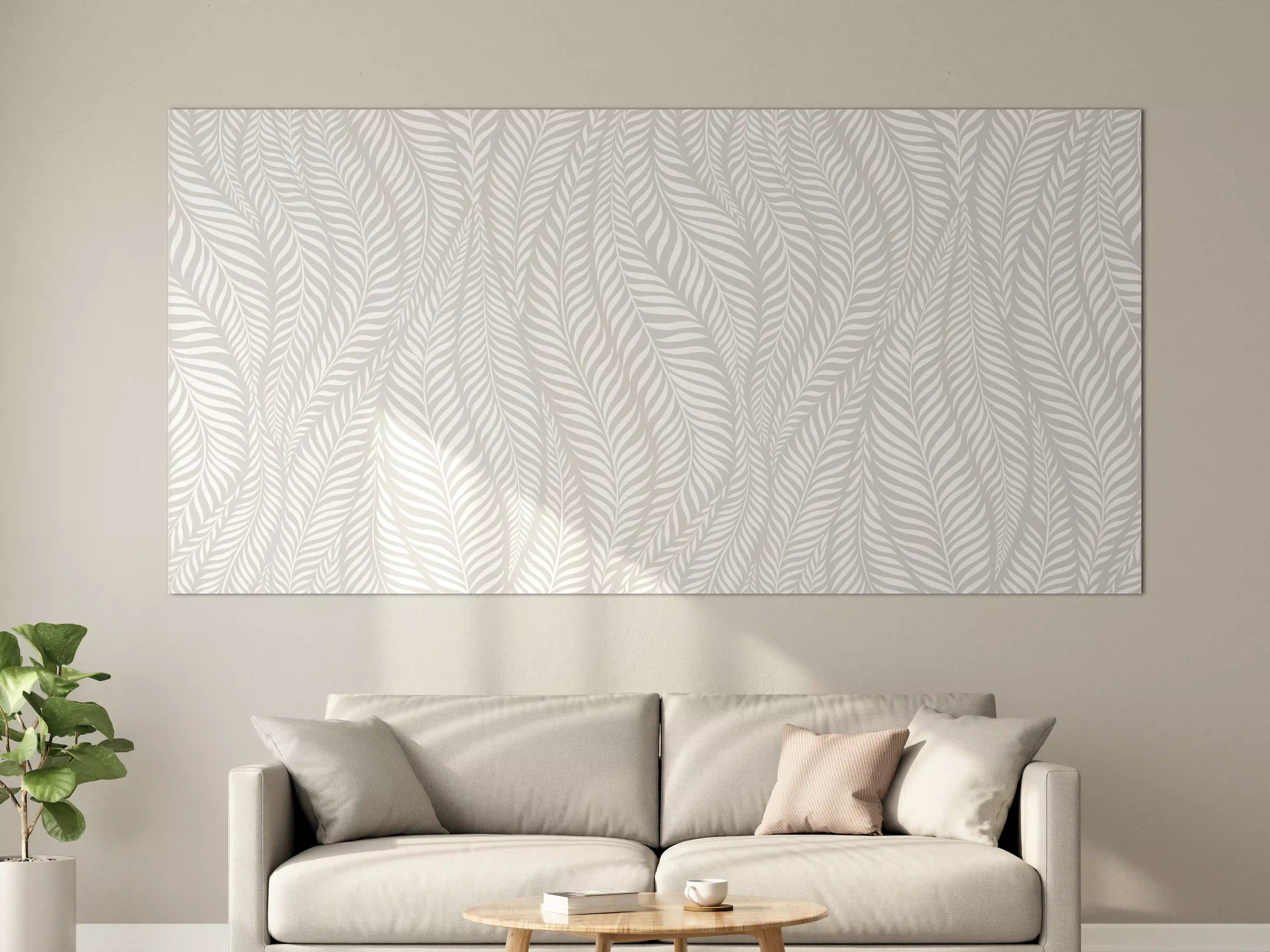 Große Wandbilder - Weiße Wand mit zarten Blättermustern in Beige