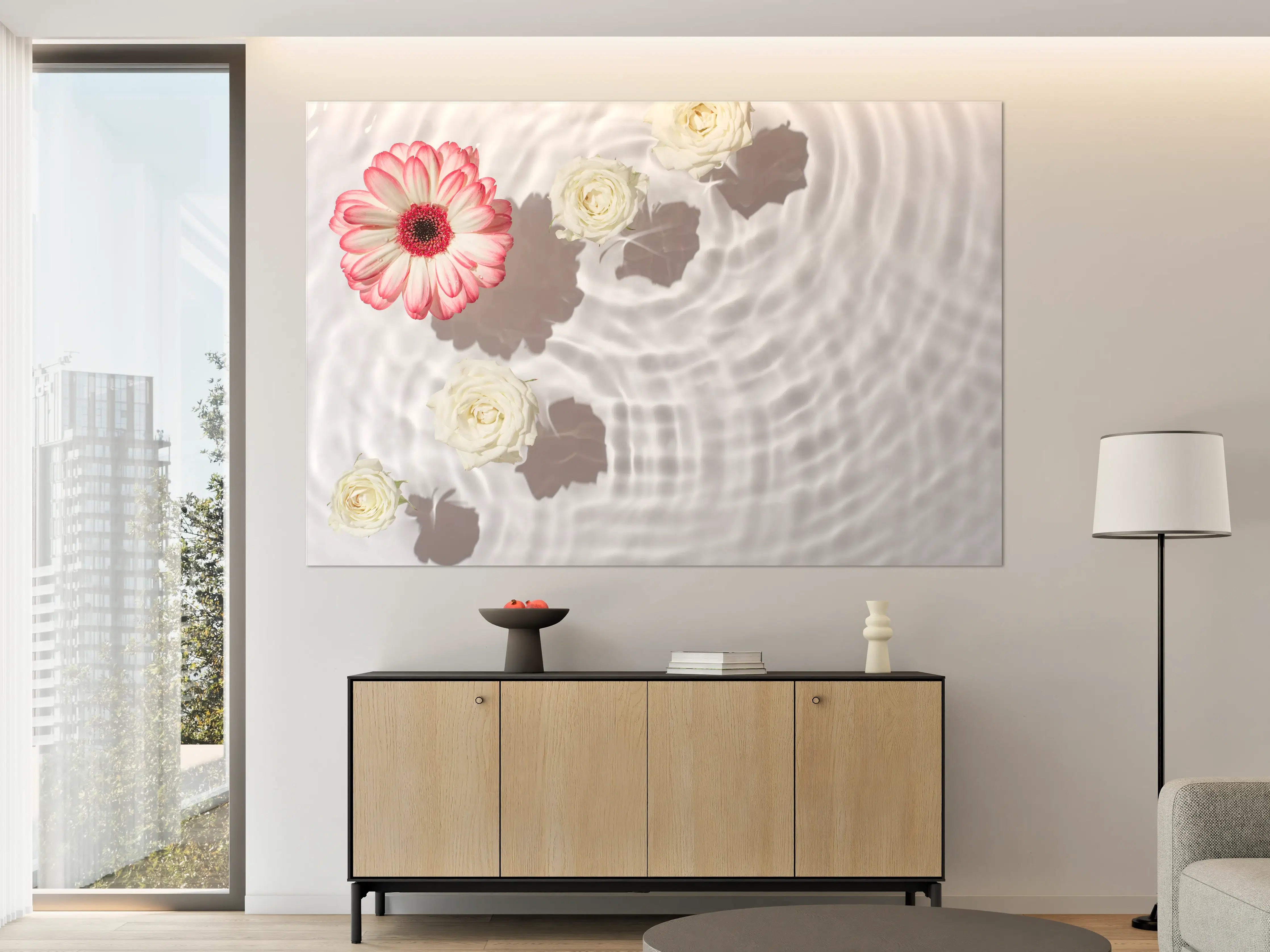 Große Wandbilder - Weiße Wasserblumen mit Rosa-Akzent