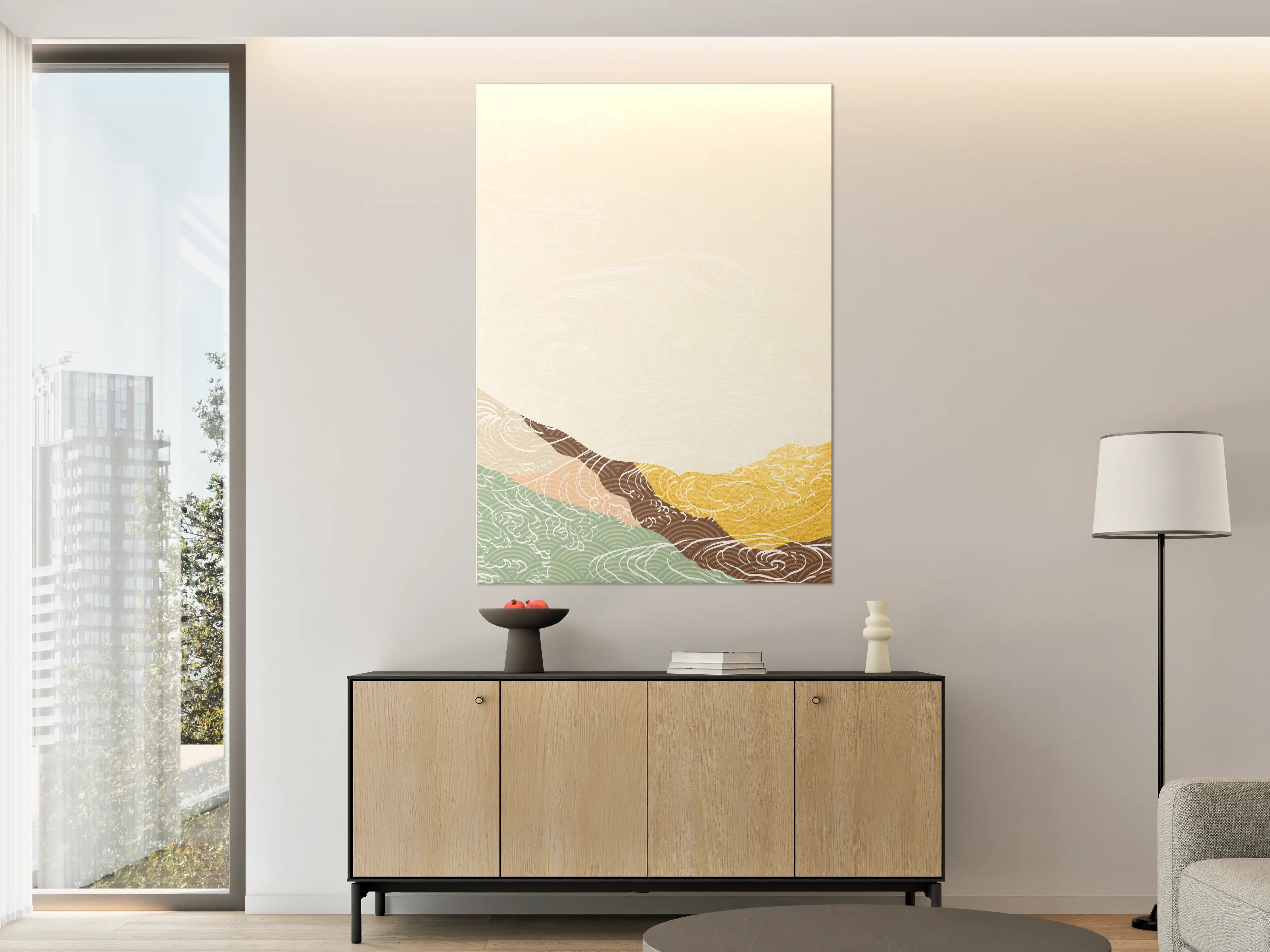 Große Wandbilder - Weißer Hintergrund mit goldenen, braunen und grünen Akzenten
