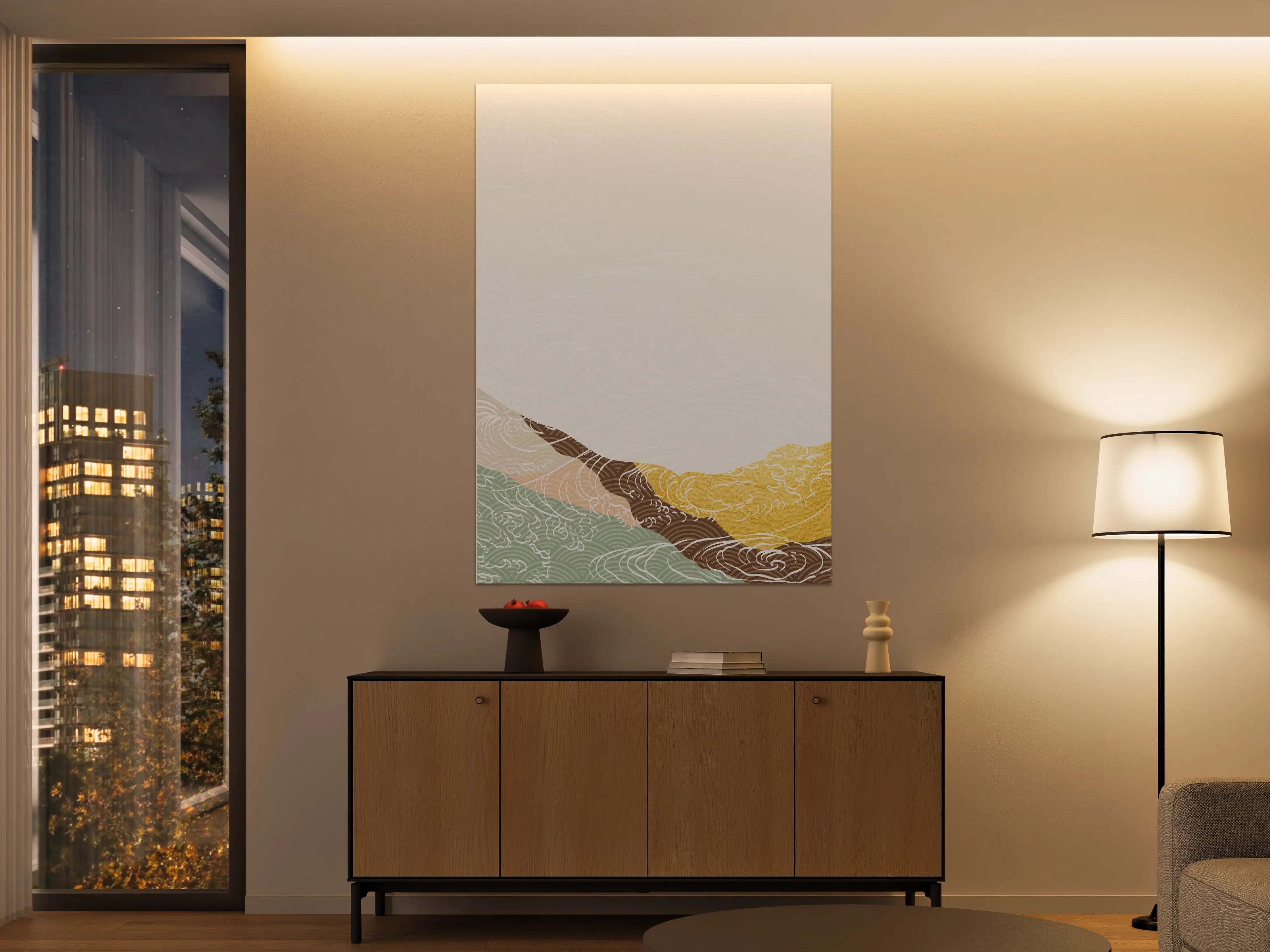 Große Wandbilder - Weißer Hintergrund mit goldenen, braunen und grünen Akzenten