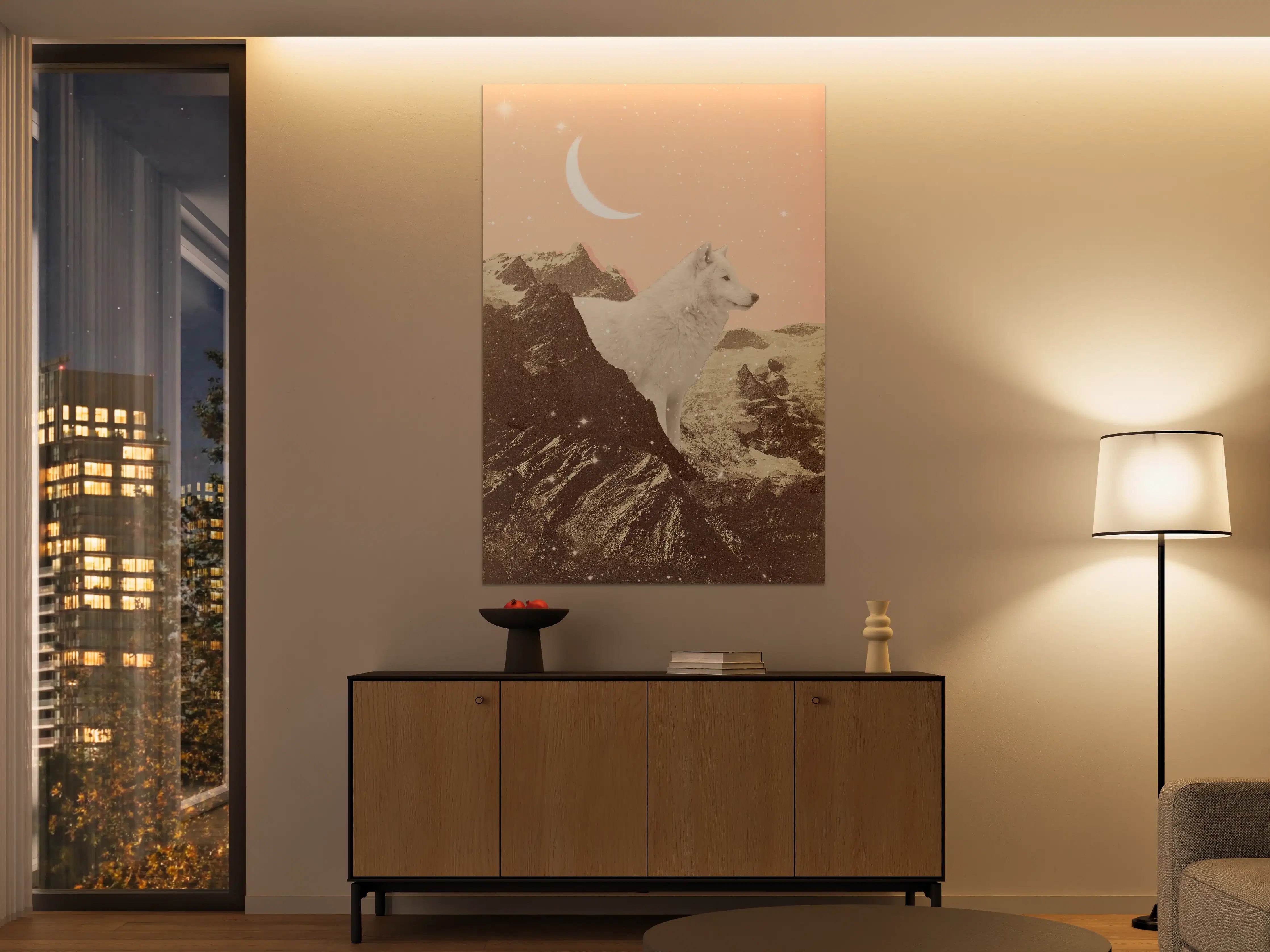 Große Wandbilder - Weißer Wolf Berglandschaft Nacht