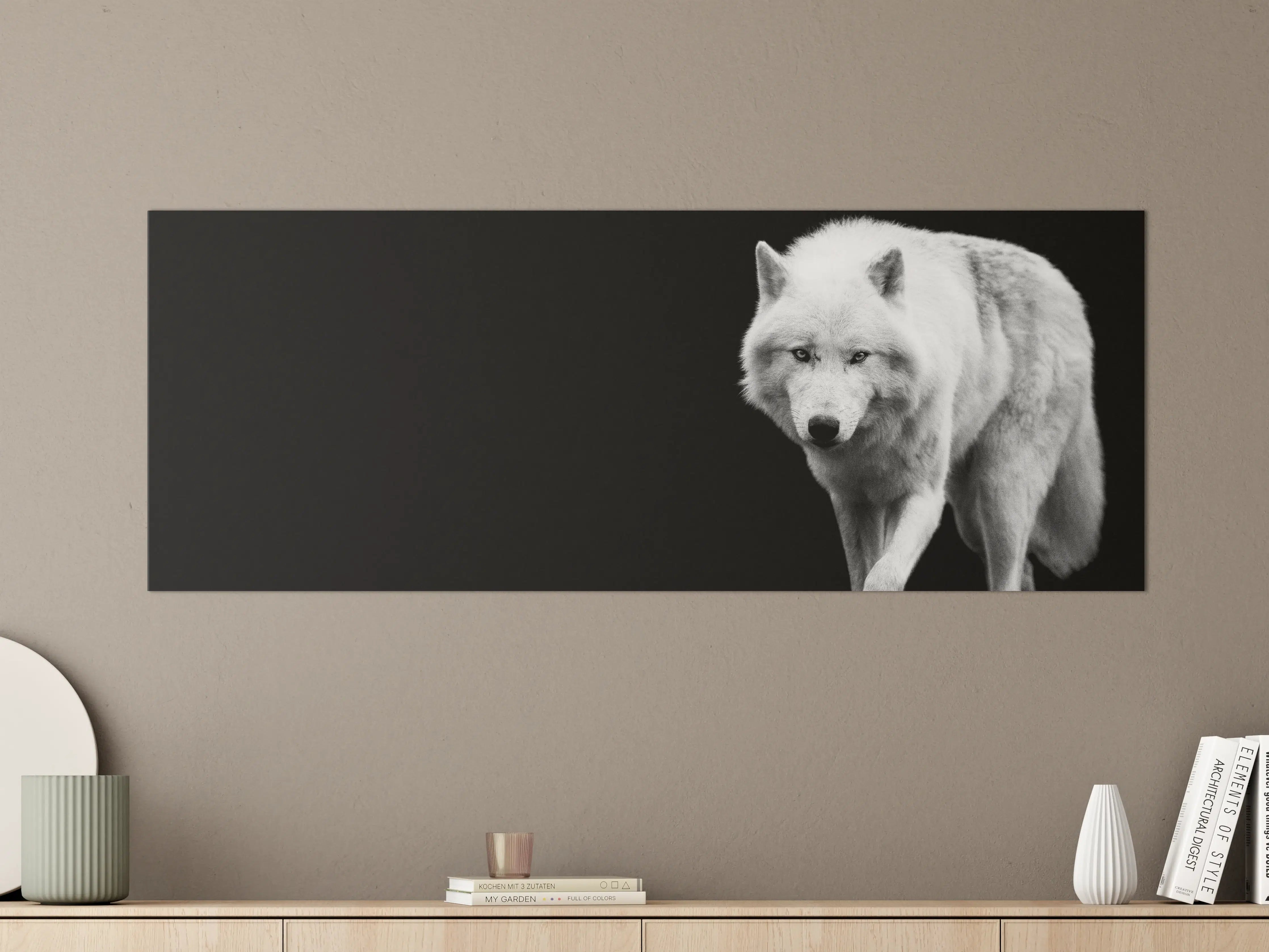 Große Wandbilder - Weißer Wolf mit schwarzem Hintergrund