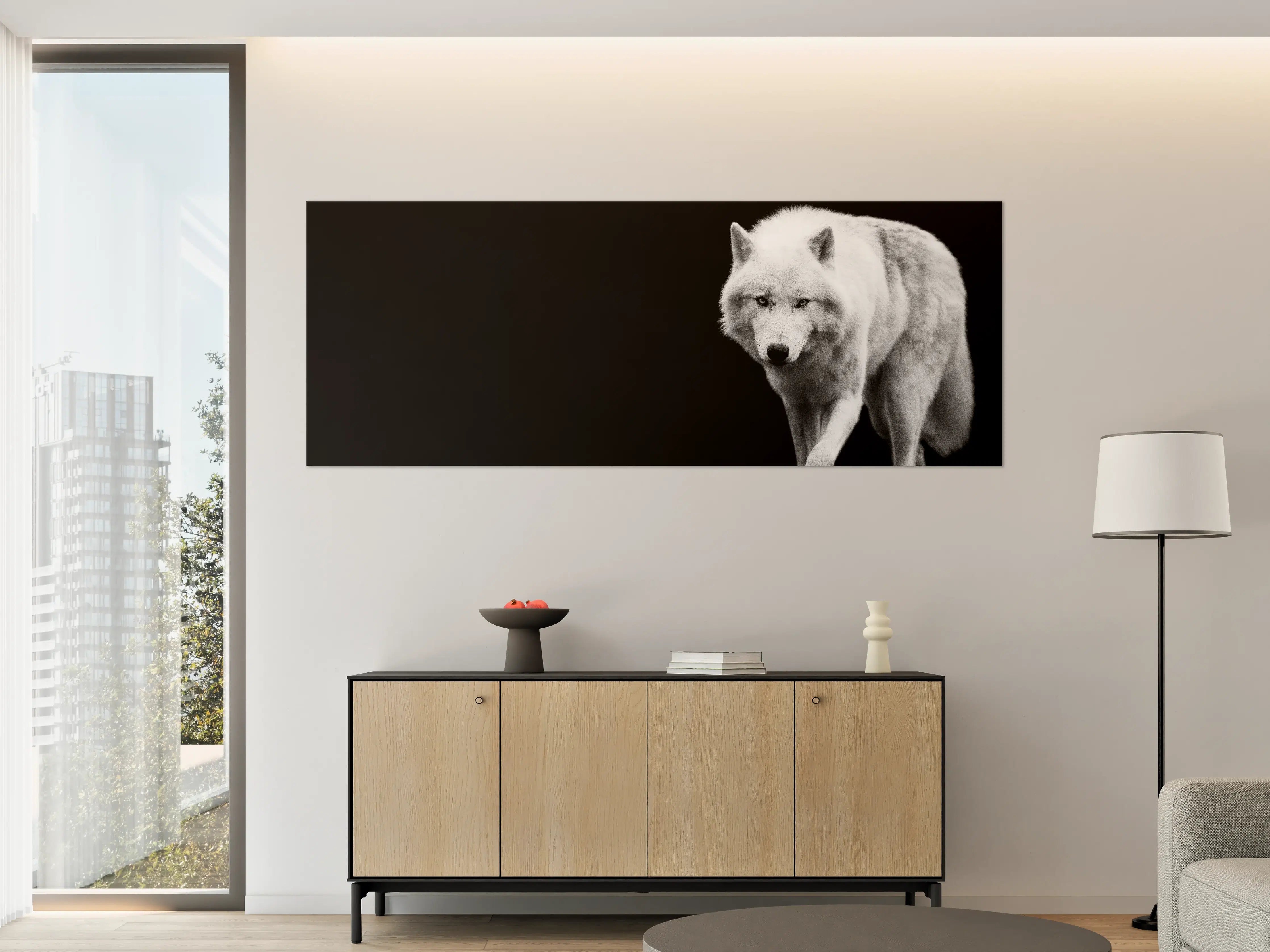 Große Wandbilder - Weißer Wolf mit schwarzem Hintergrund