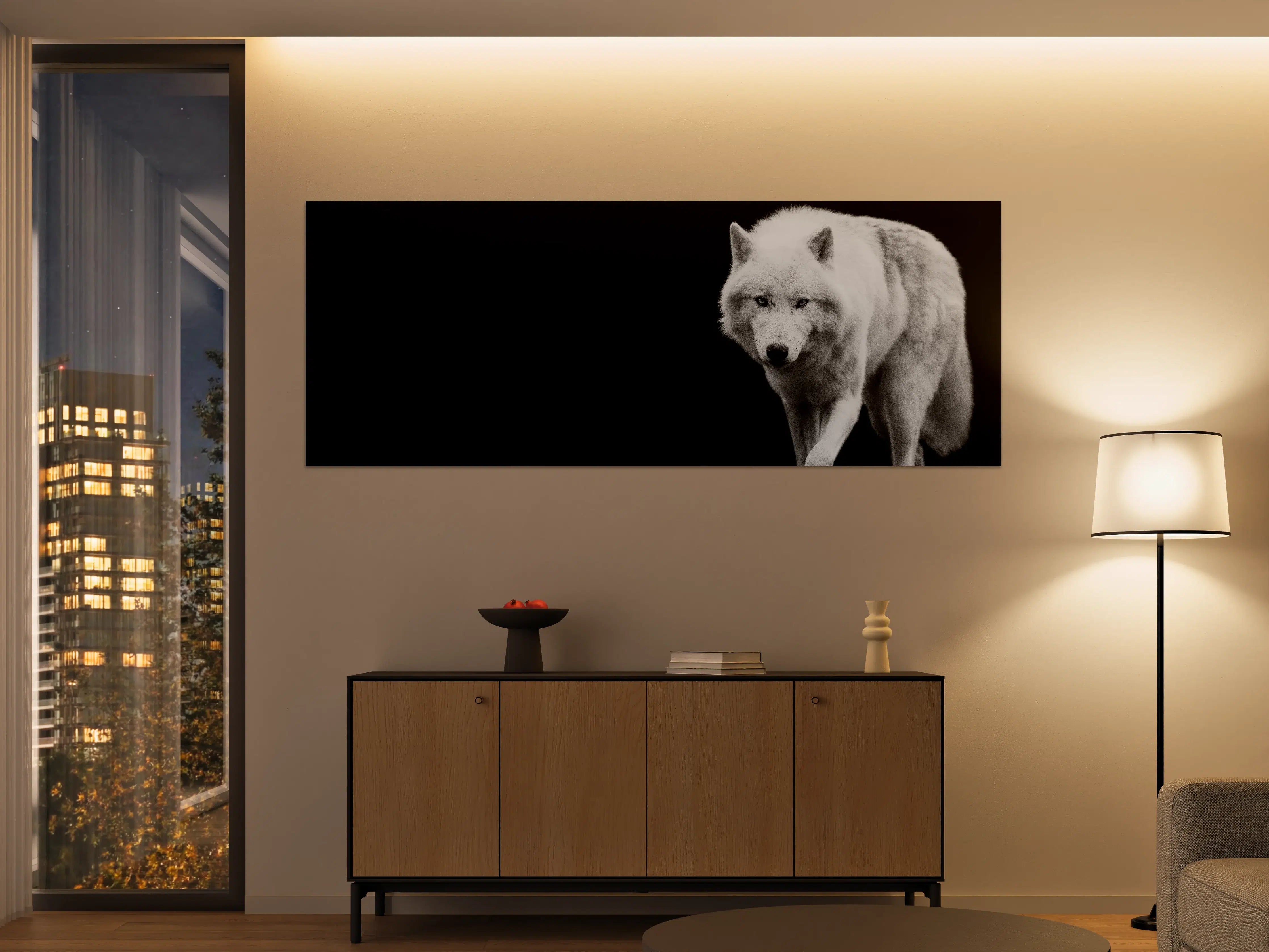 Große Wandbilder - Weißer Wolf mit schwarzem Hintergrund