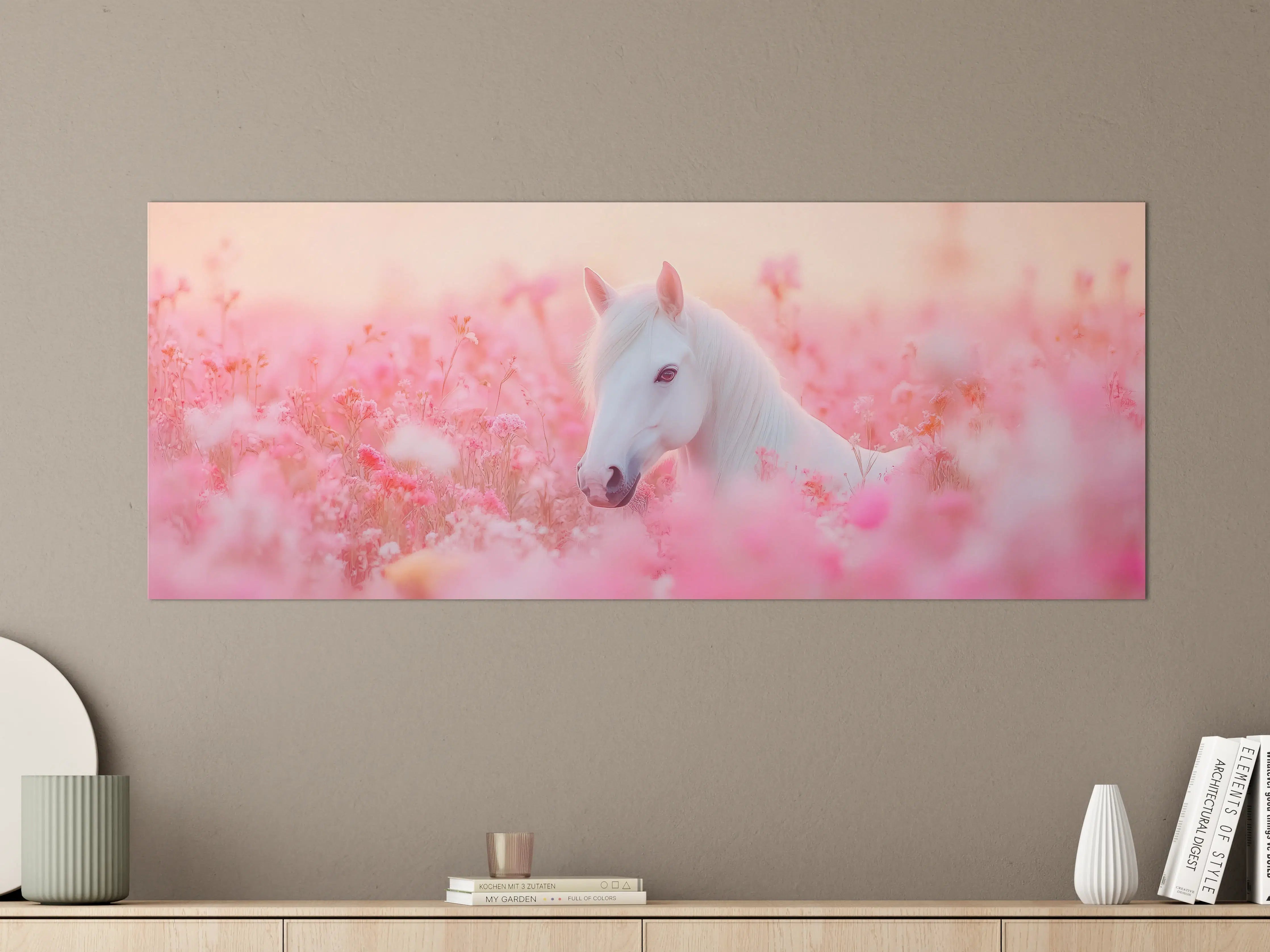 Große Wandbilder - Weißes Einhorn in rosa Blumenwiese