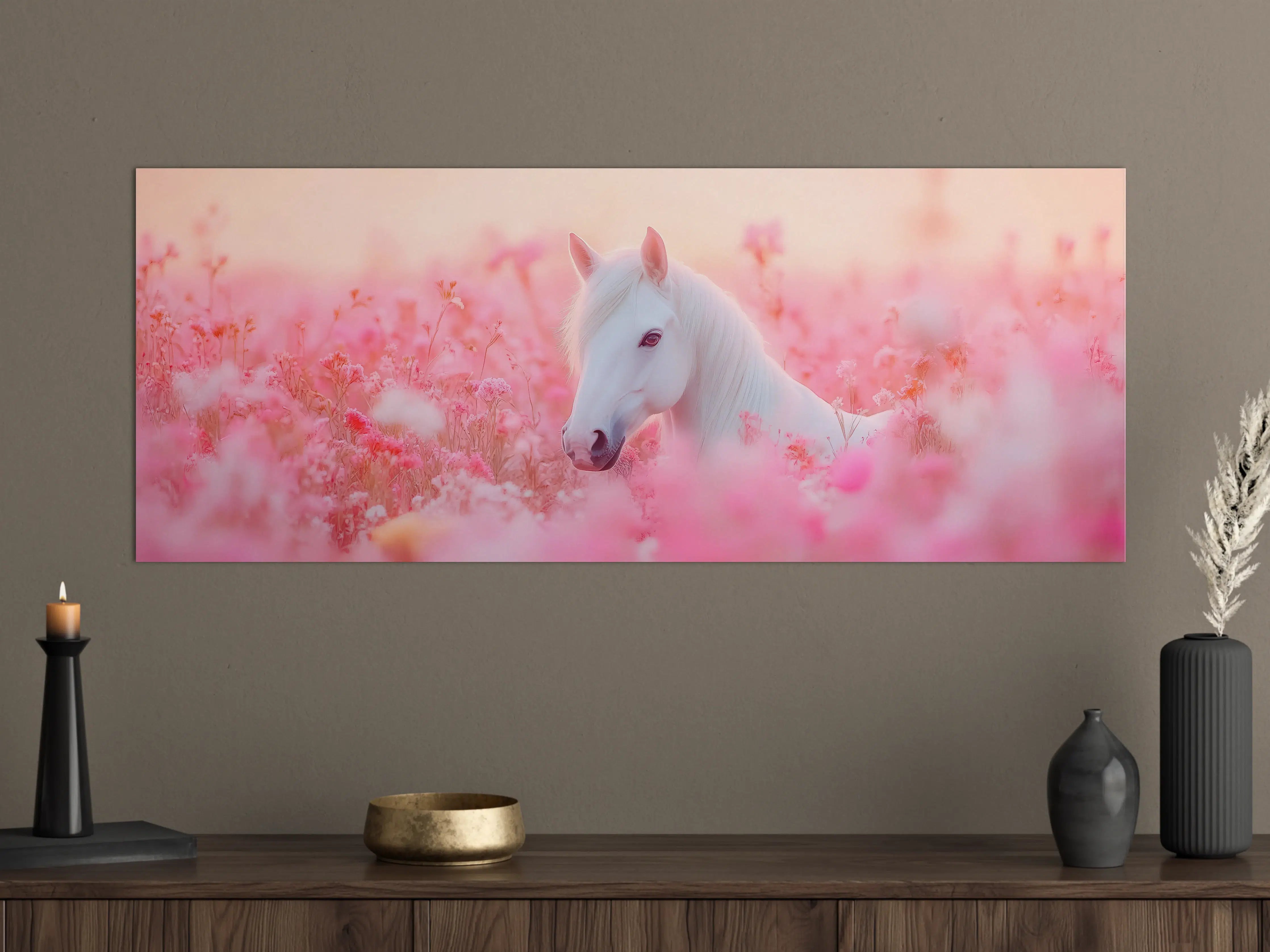 Große Wandbilder - Weißes Einhorn in rosa Blumenwiese