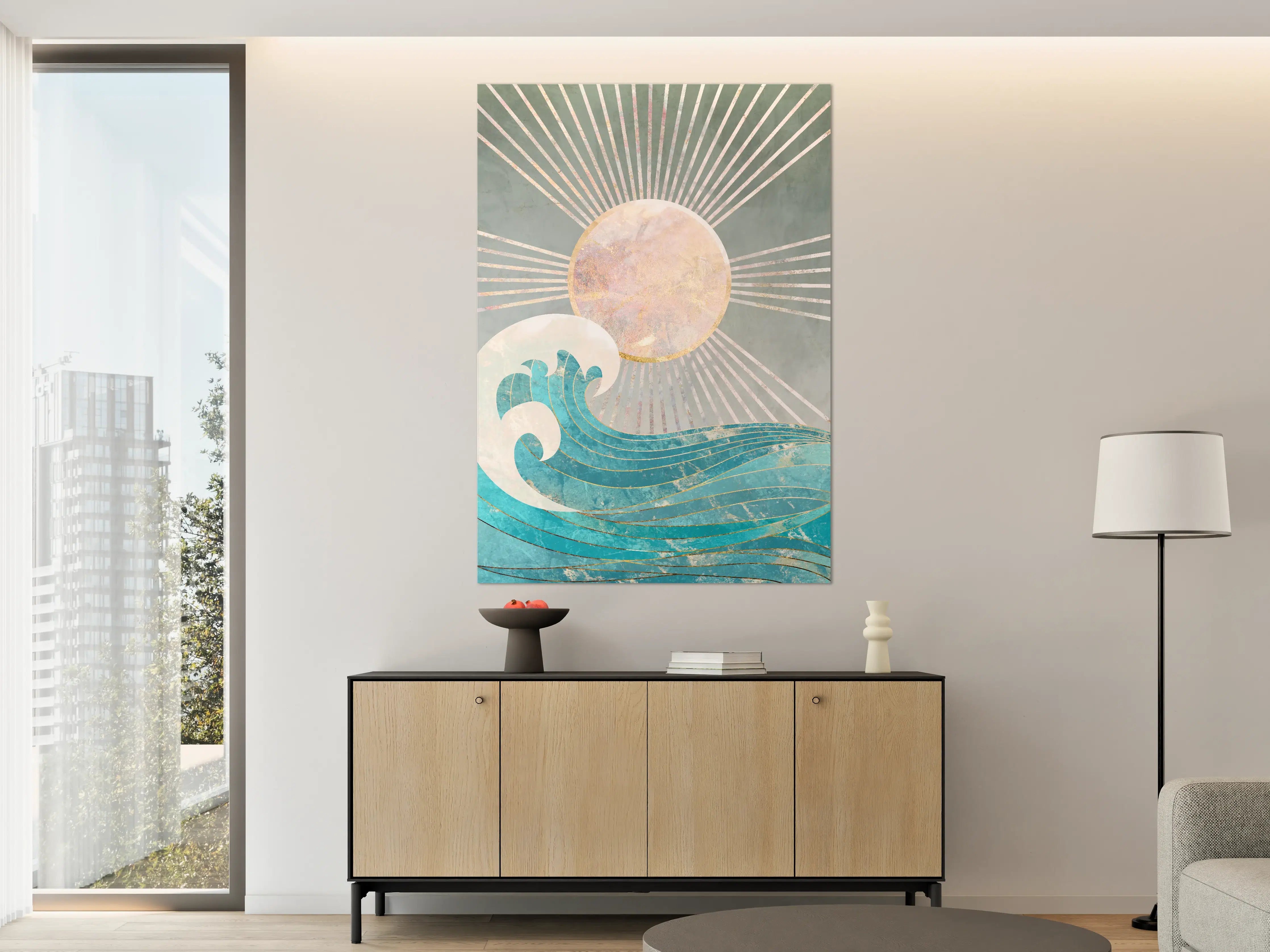 Große Wandbilder - Wellen und Sonnenstrahlen in Pastellfarben