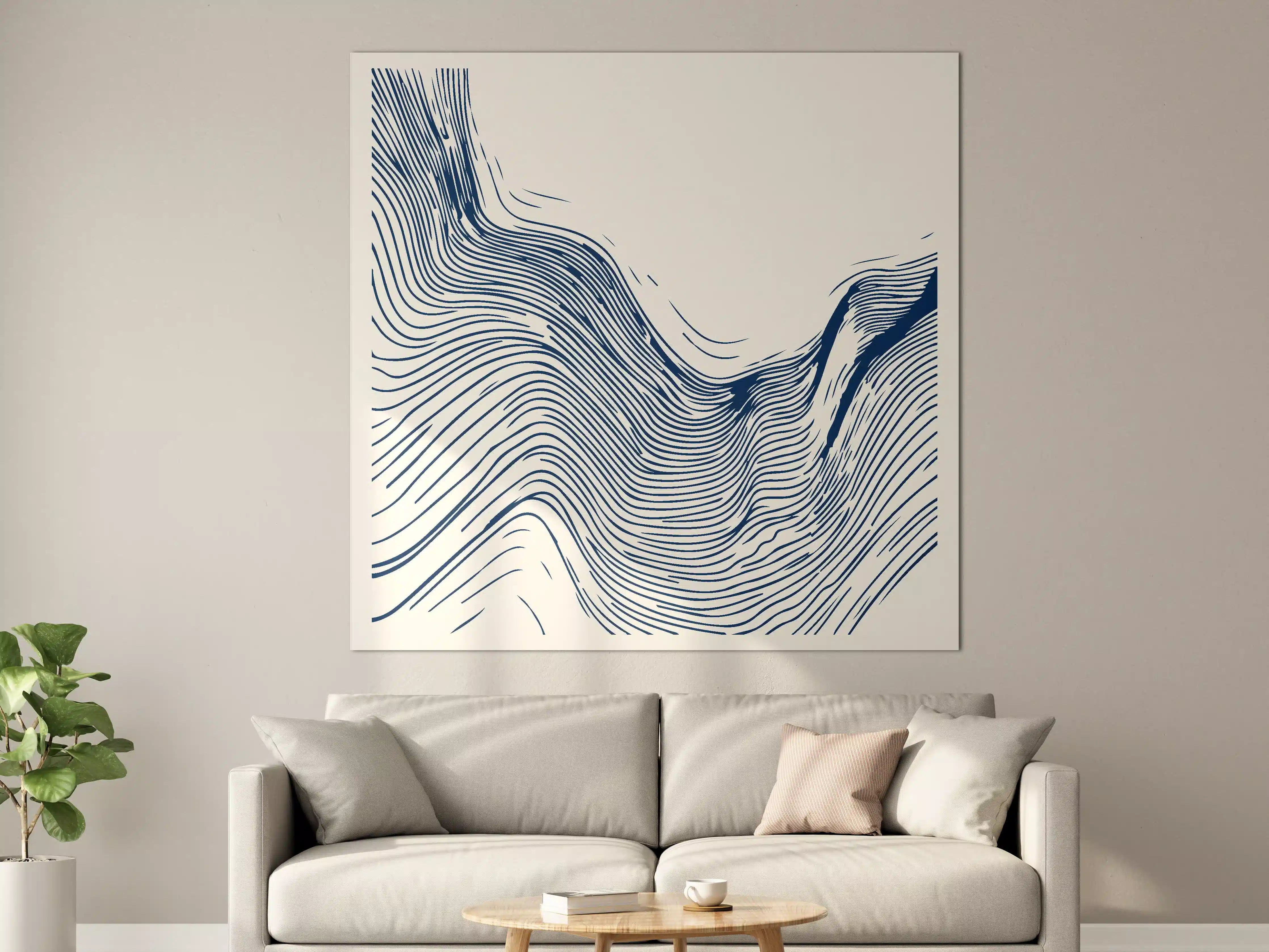 Große Wandbilder - Wellenförmiges Linienmuster in Blau