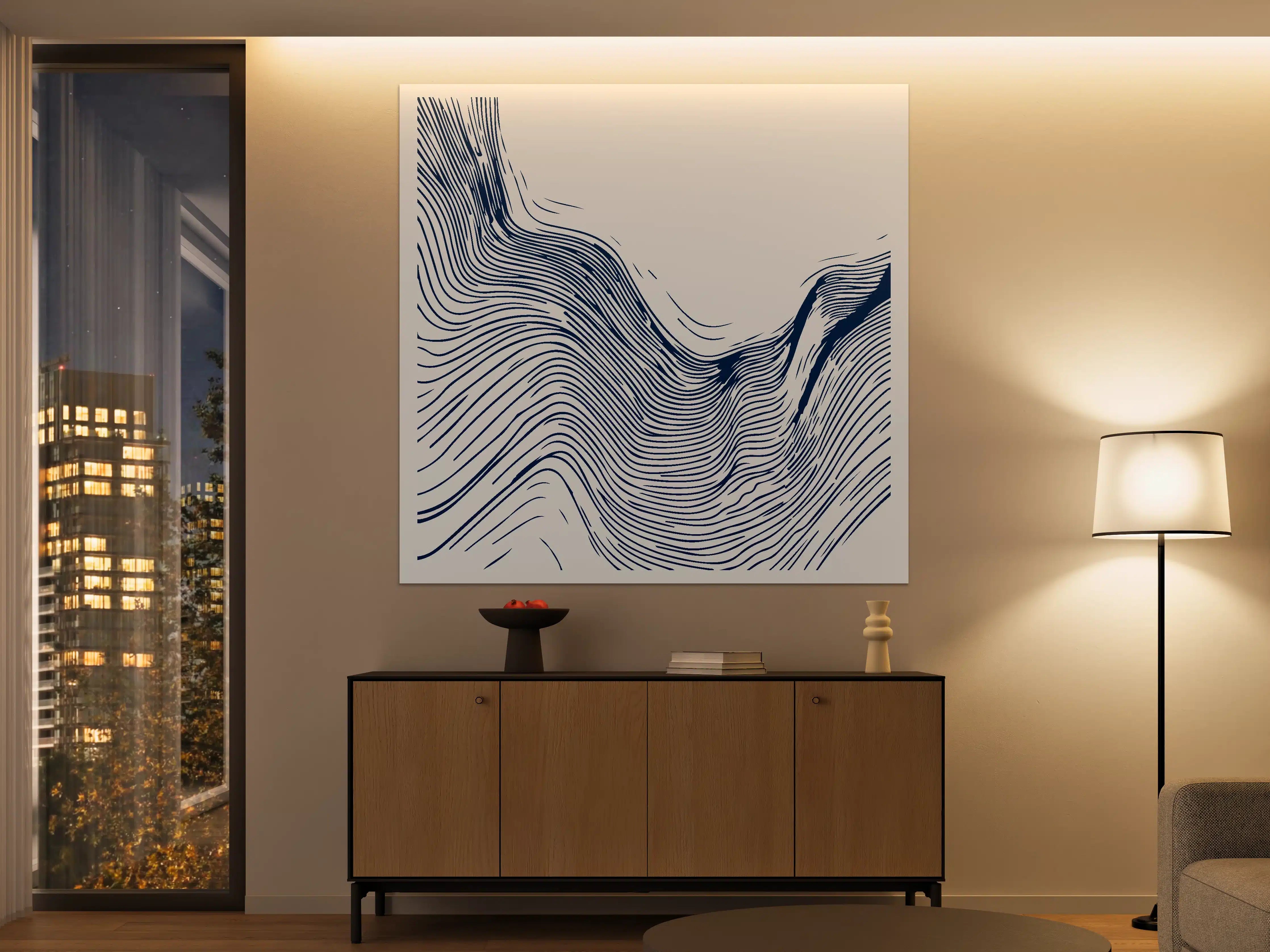 Große Wandbilder - Wellenförmiges Linienmuster in Blau
