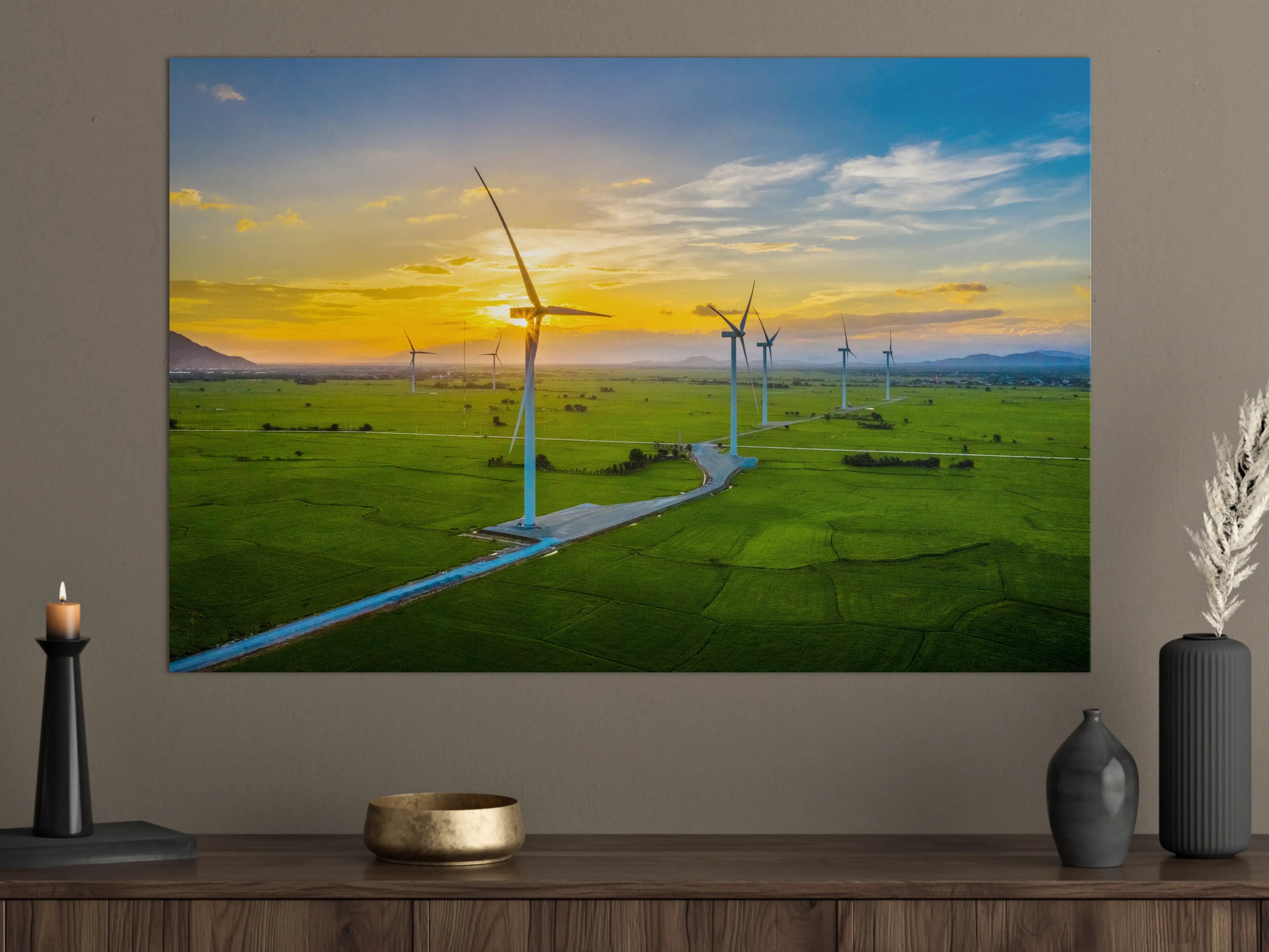 Große Wandbilder - Wind turbines bei Sonnenuntergang über grüner Landschaft