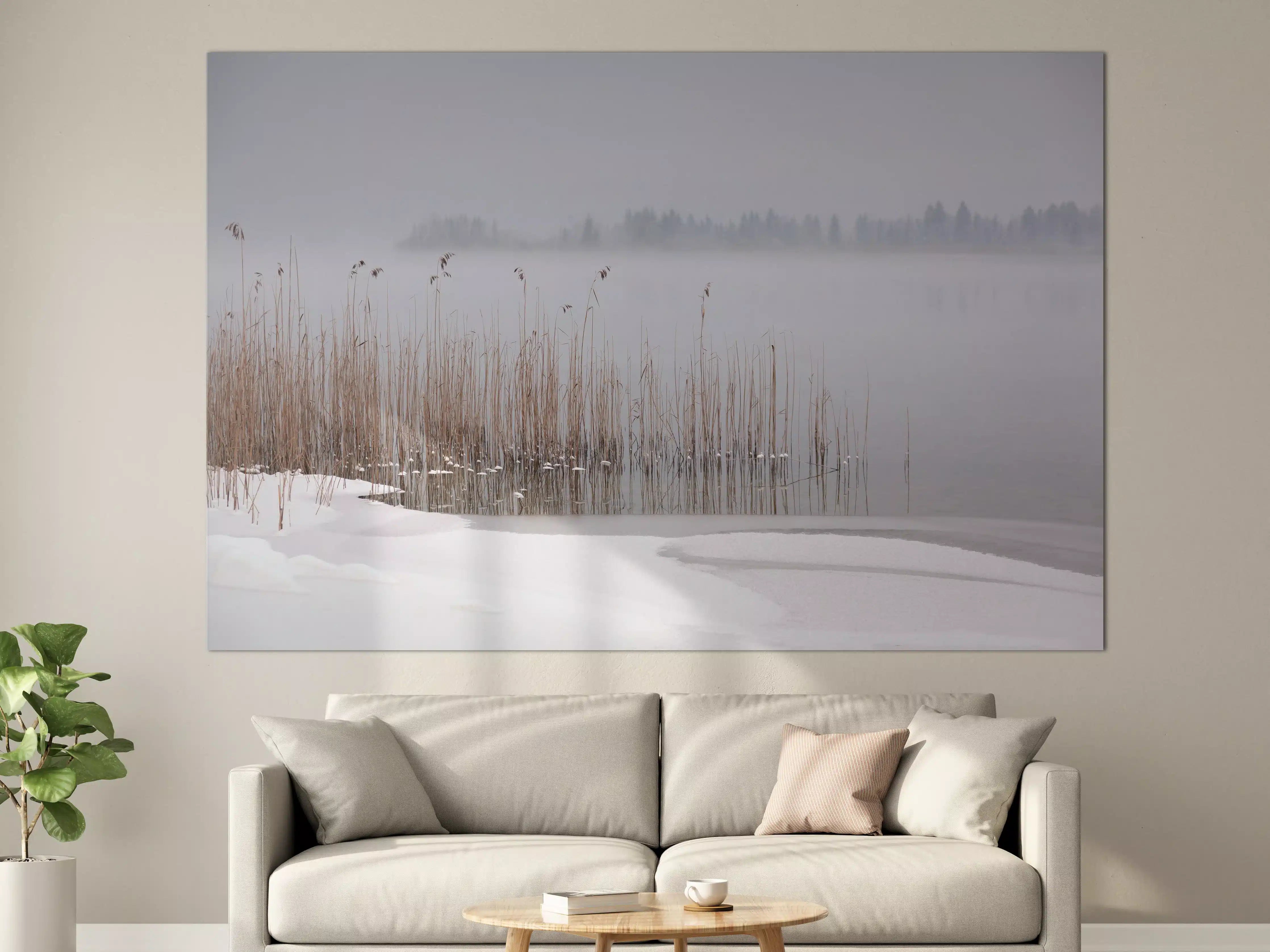 Große Wandbilder - Winterliche Seelandschaft mit Nebel und Reet