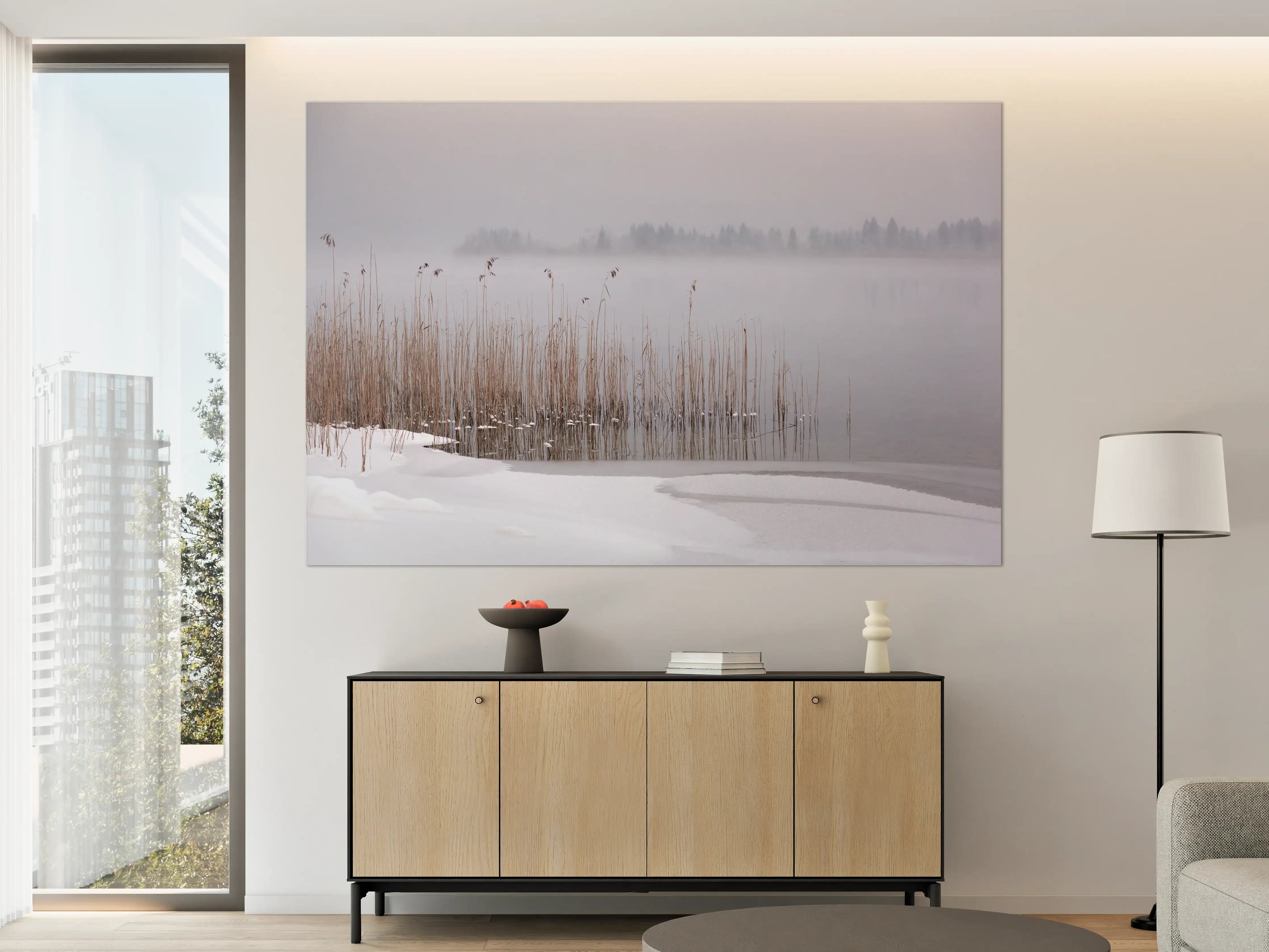 Große Wandbilder - Winterliche Seelandschaft mit Nebel und Reet