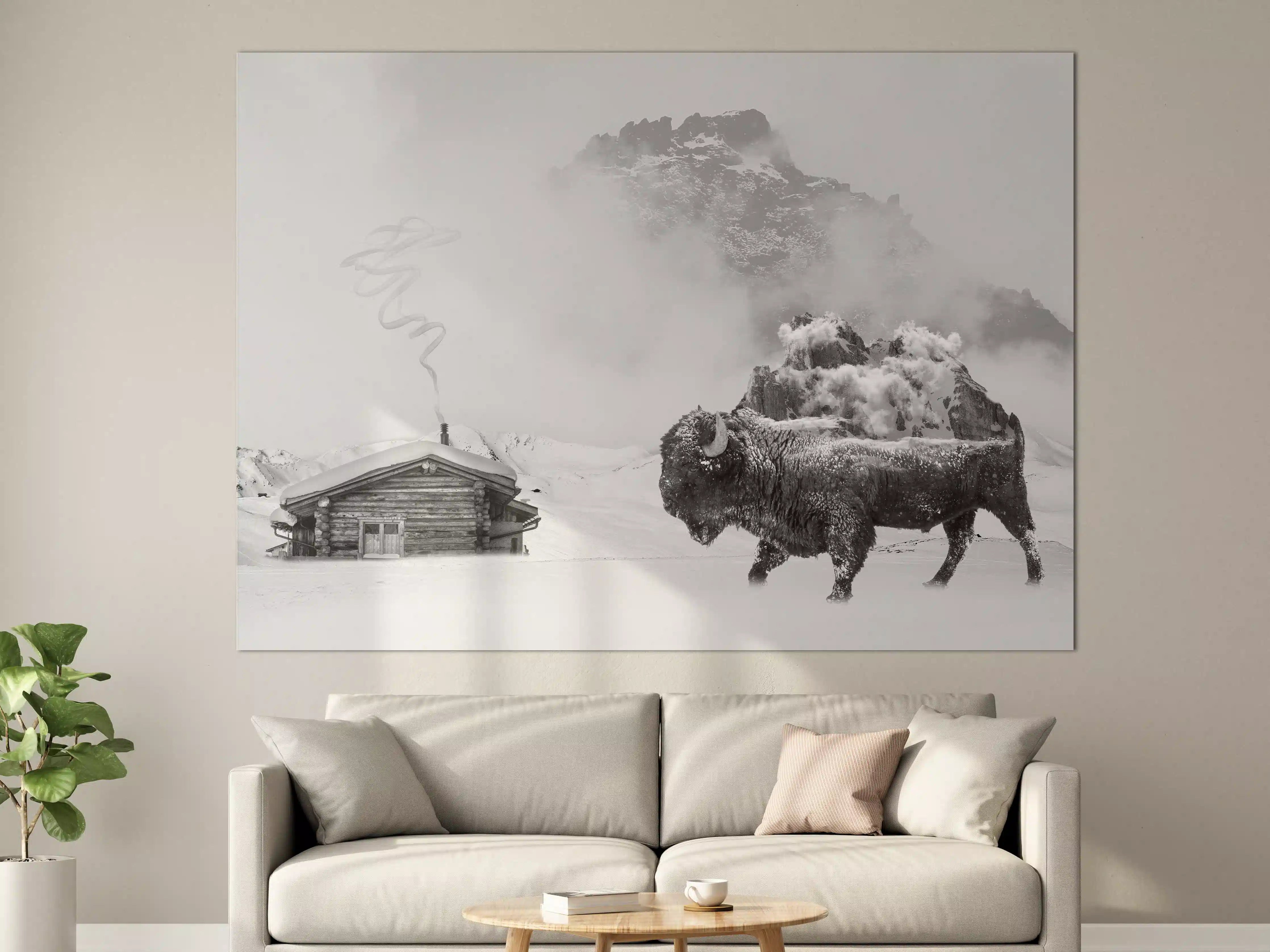 Große Wandbilder - Winterlicher Bison in Schwarz-Weiß