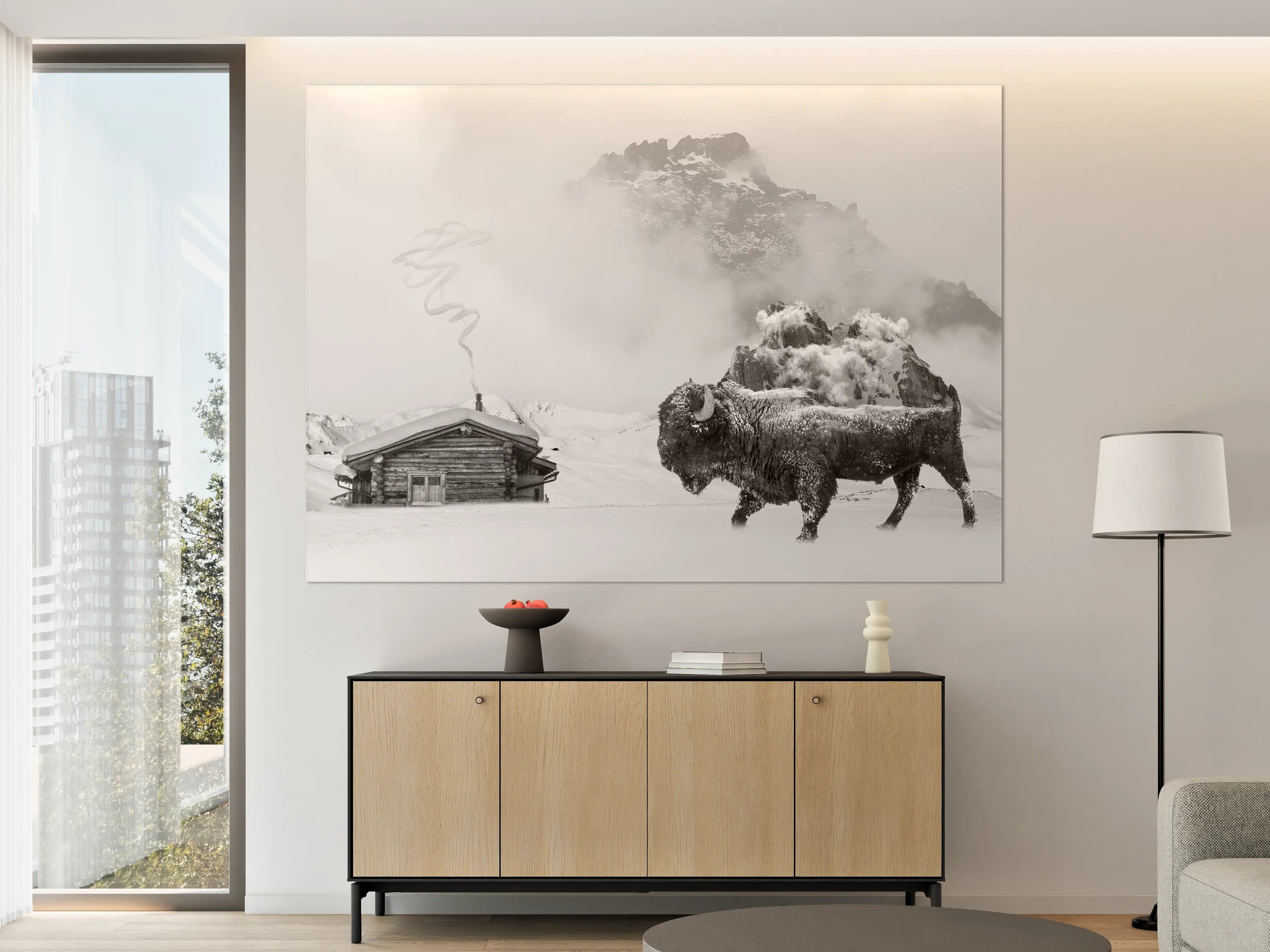 Große Wandbilder - Winterlicher Bison in Schwarz-Weiß