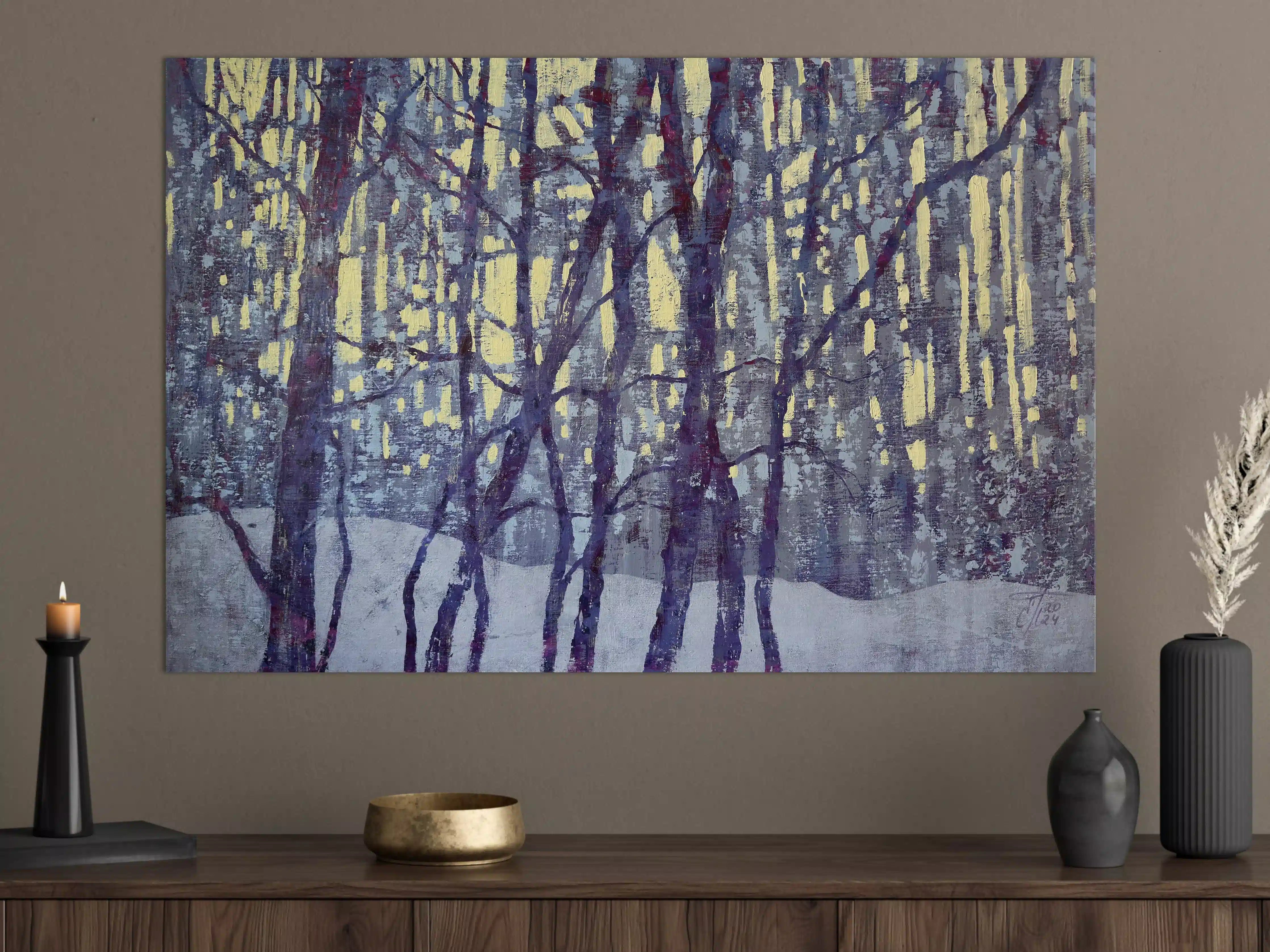 Große Wandbilder - Winterwald in Blau und Gelb