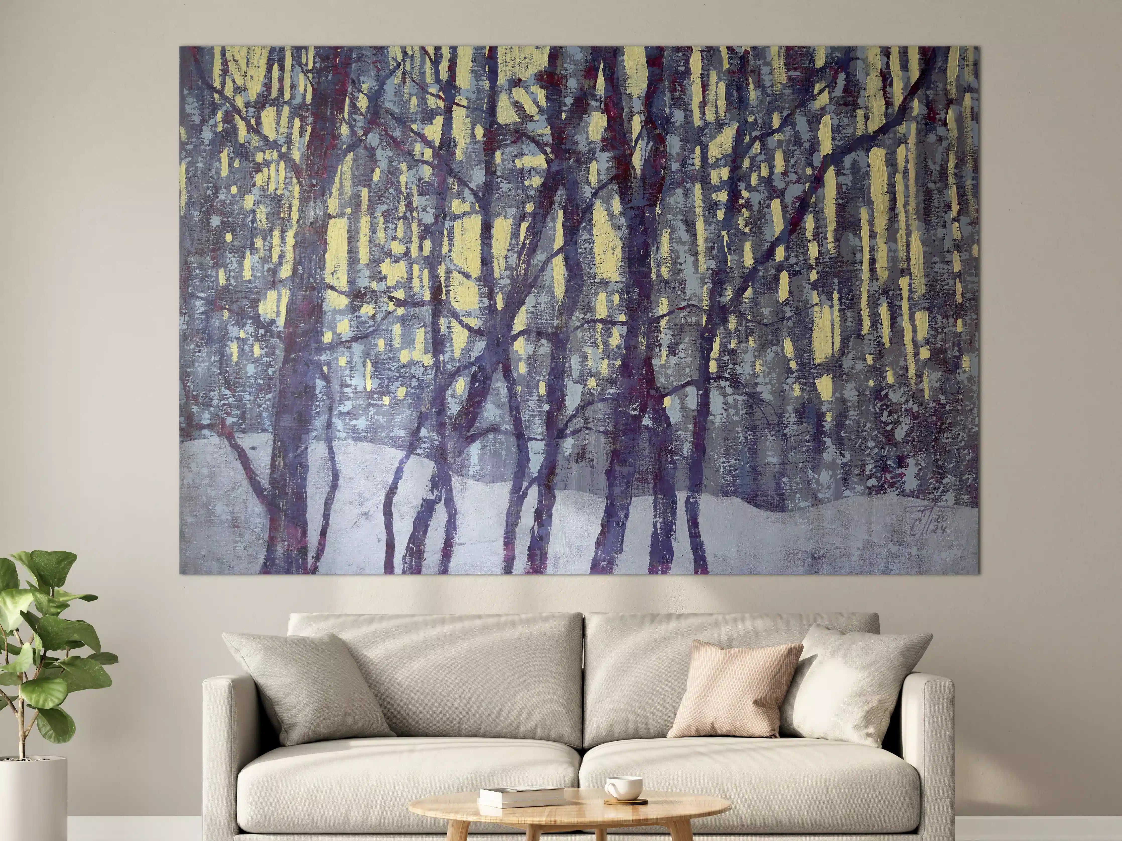 Große Wandbilder - Winterwald in Blau und Gelb