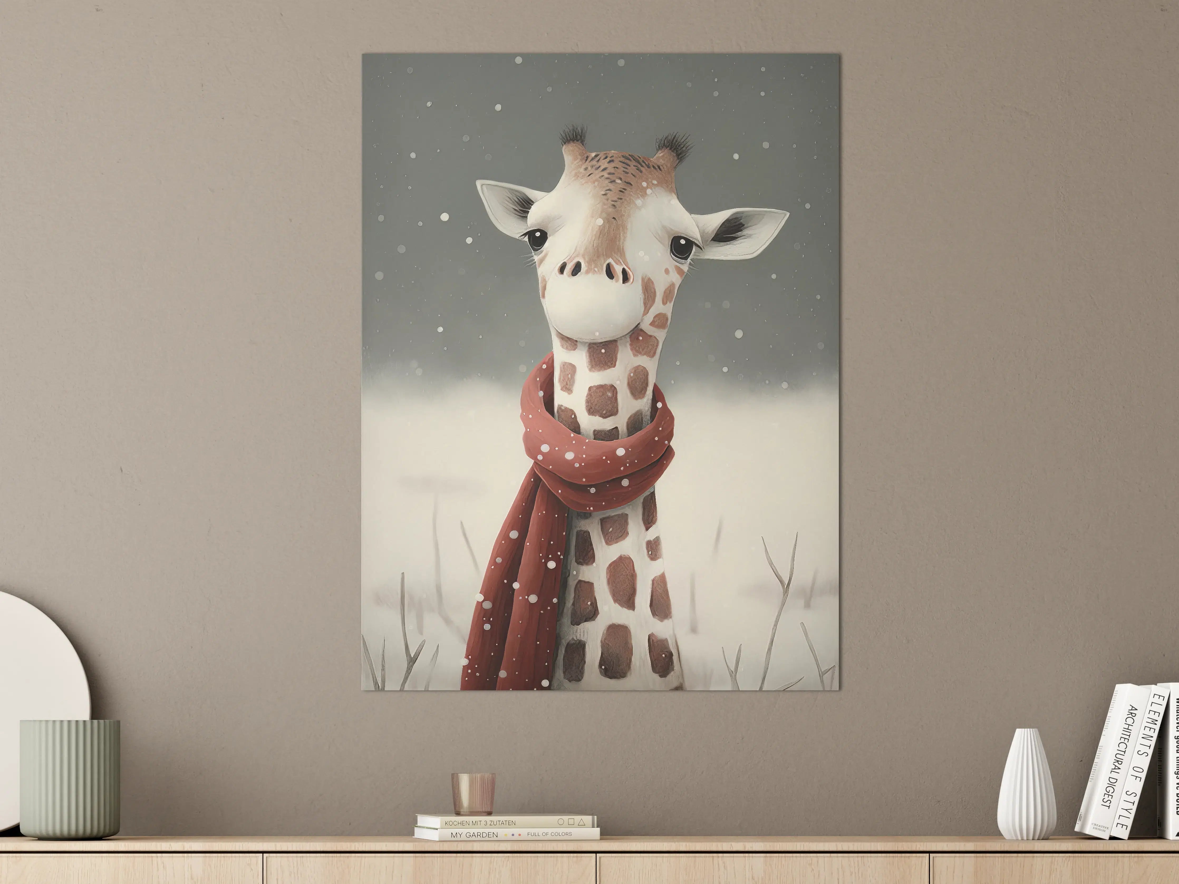 Große Wandbilder - Witzige Giraffe im Winter mit roter Schleife