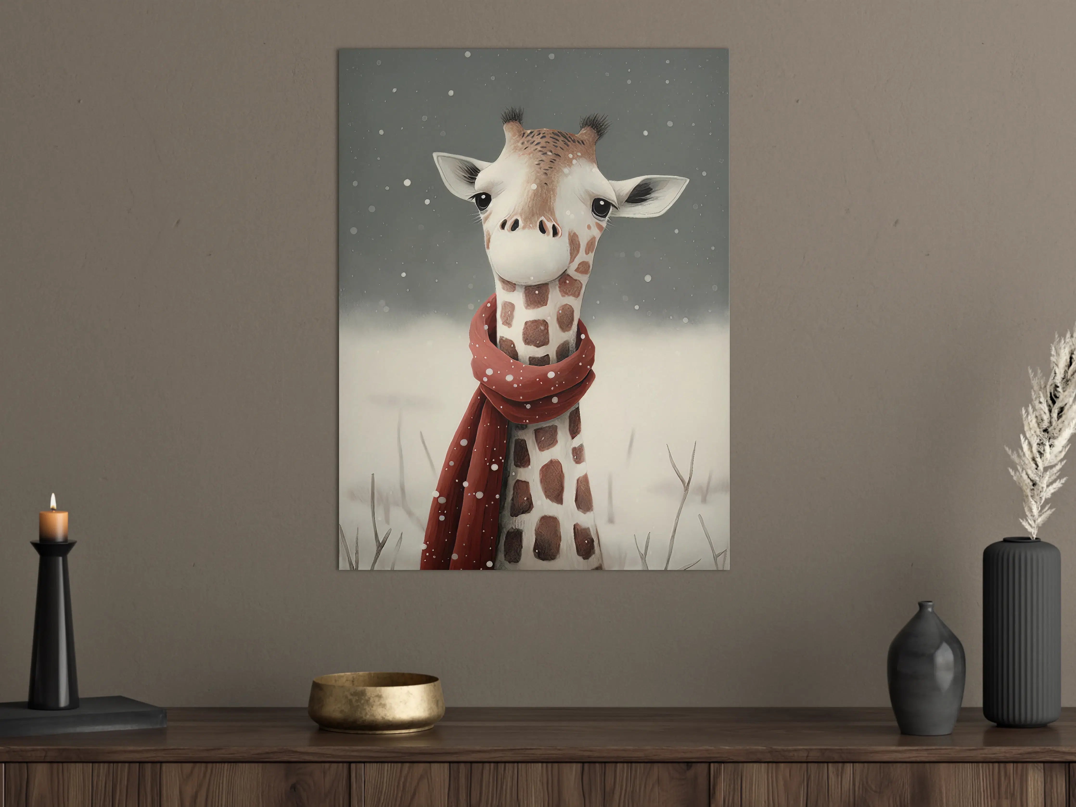 Große Wandbilder - Witzige Giraffe im Winter mit roter Schleife