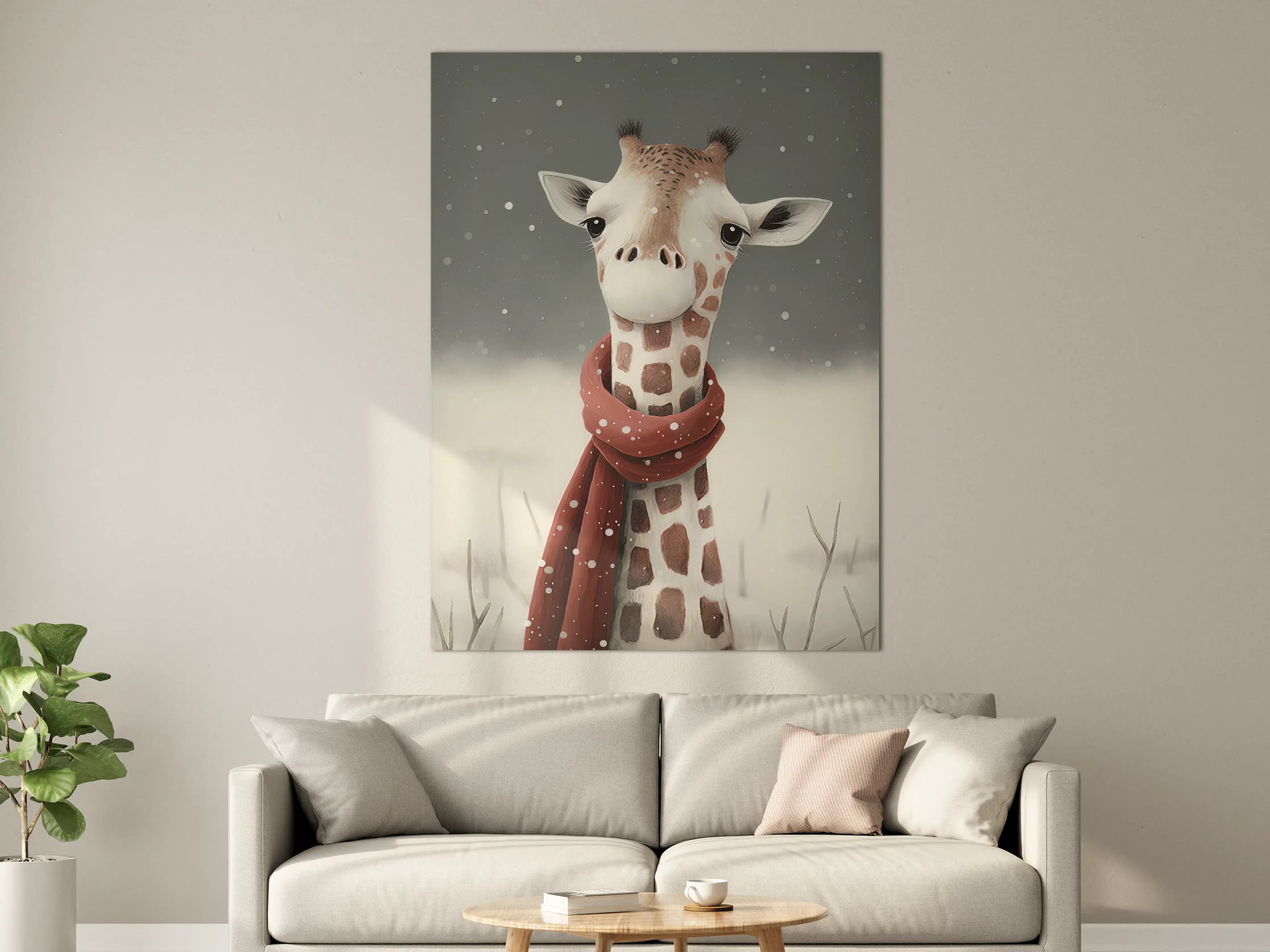 Große Wandbilder - Witzige Giraffe im Winter mit roter Schleife