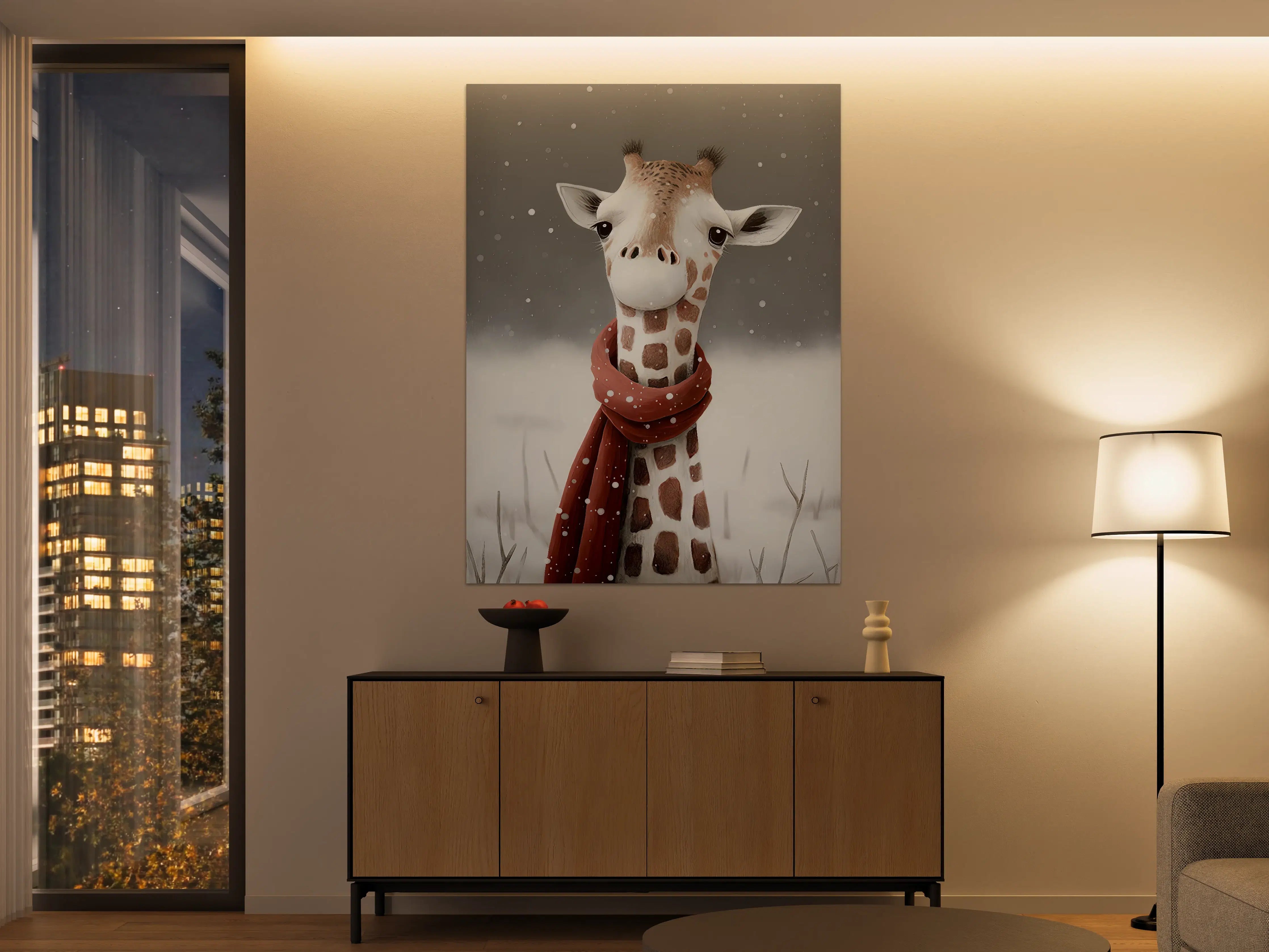 Große Wandbilder - Witzige Giraffe im Winter mit roter Schleife