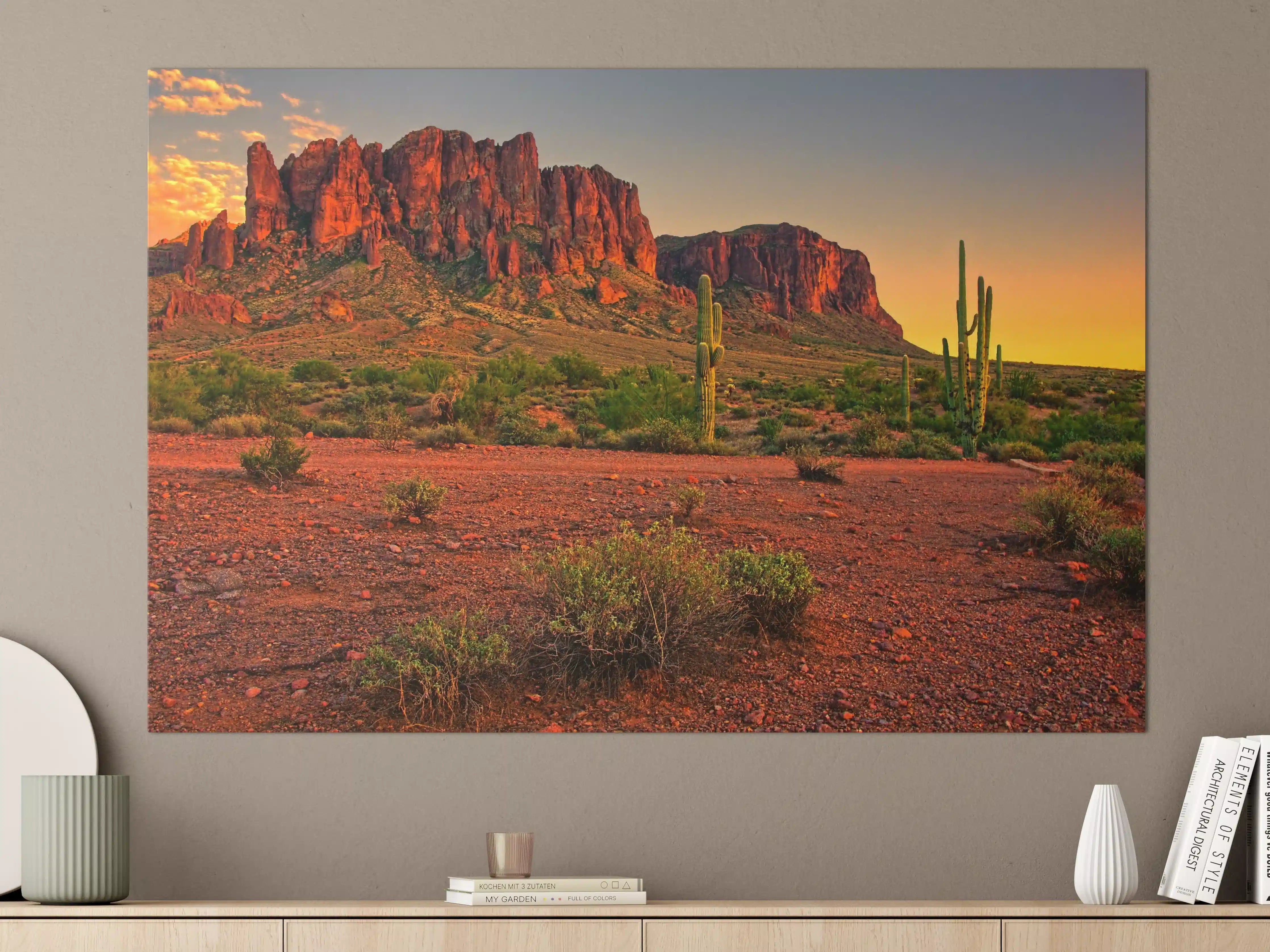 Große Wandbilder - Wüstenlandschaft bei Sonnenuntergang, Rote Felsen und Kakteen