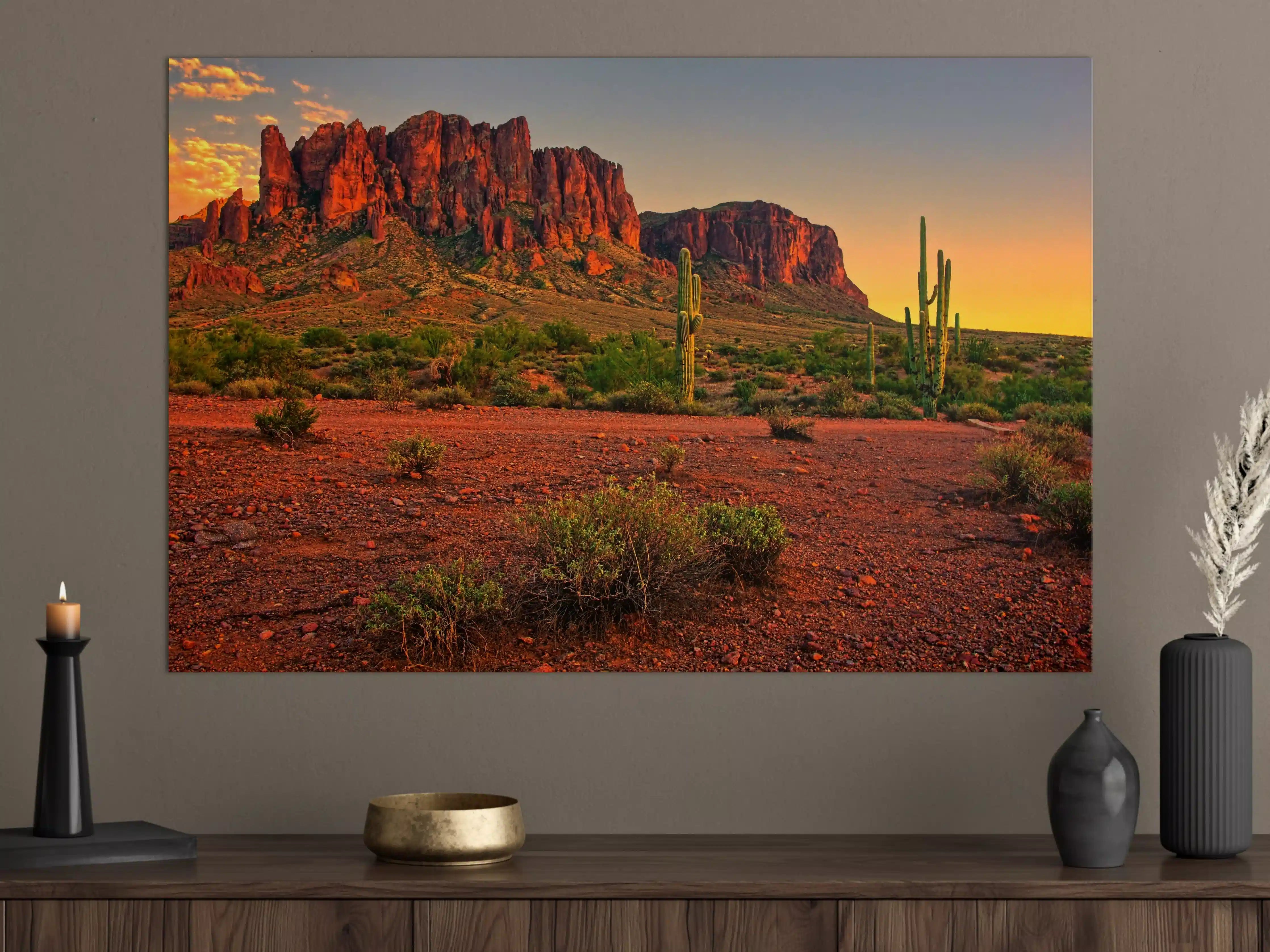 Große Wandbilder - Wüstenlandschaft bei Sonnenuntergang, Rote Felsen und Kakteen