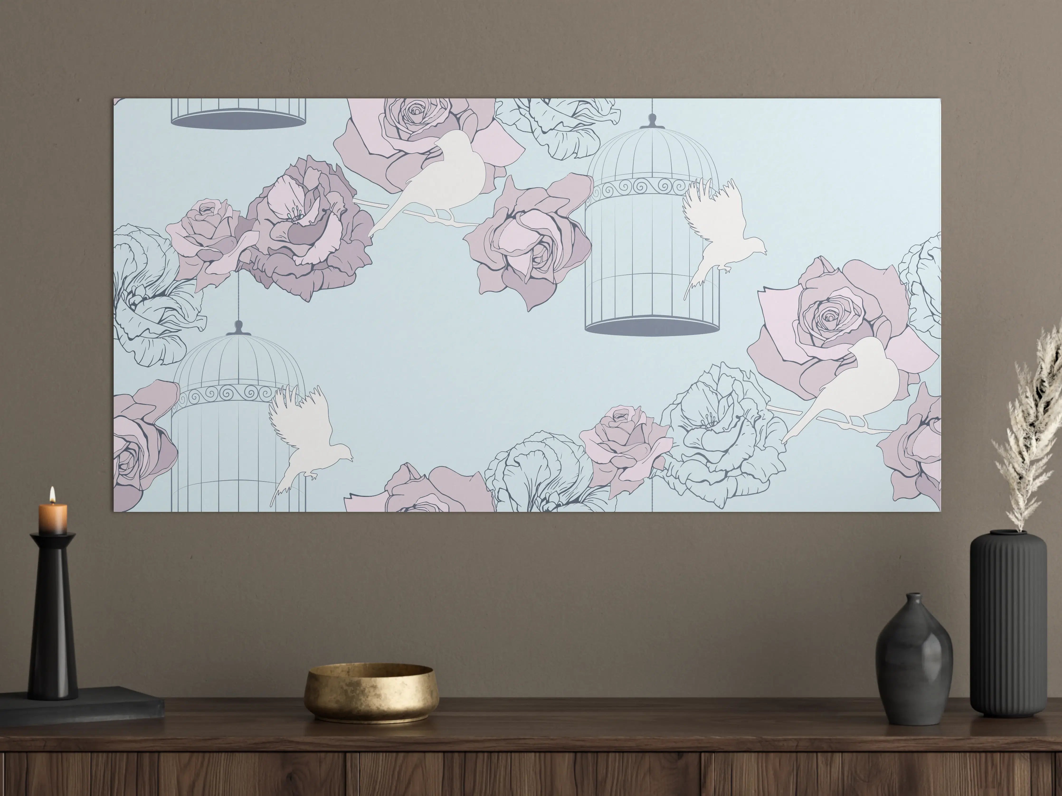 Große Wandbilder - Zarte Blumen und Vogelkäfige