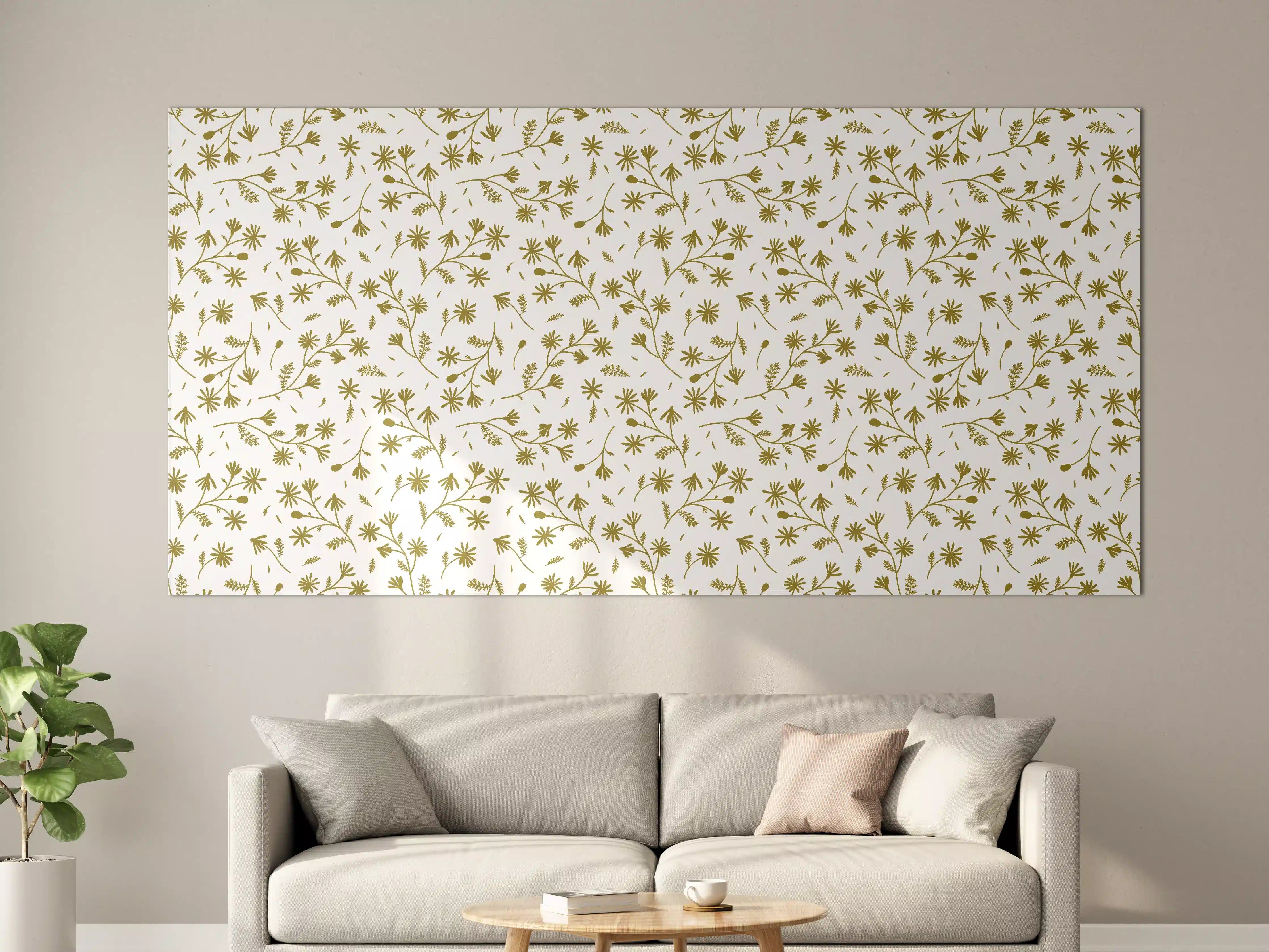 Große Wandbilder - Zarte Blumenmuster in Gold auf Creme